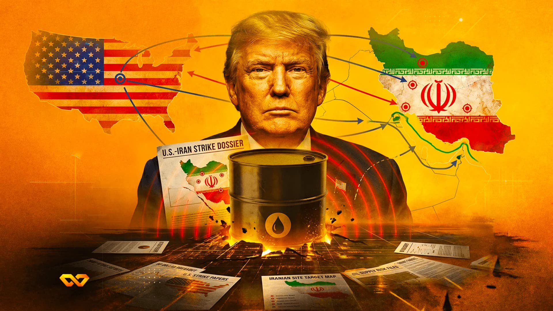 Donald Trump portrait between US and Iran maps with an oil barrel and strike dossiers in the foreground.