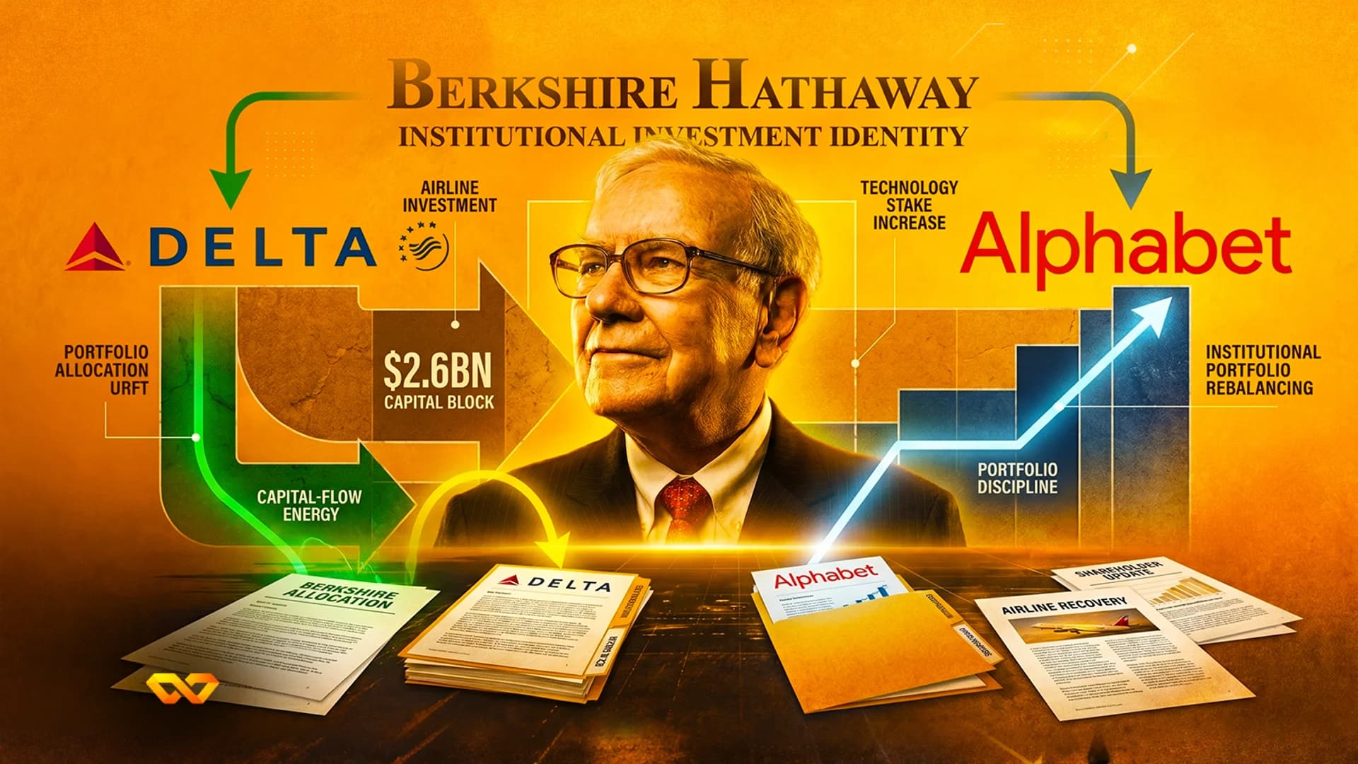 Warren Buffett portrait with Berkshire Hathaway, Delta, and Alphabet logos, arrows, and financial charts on gold background.