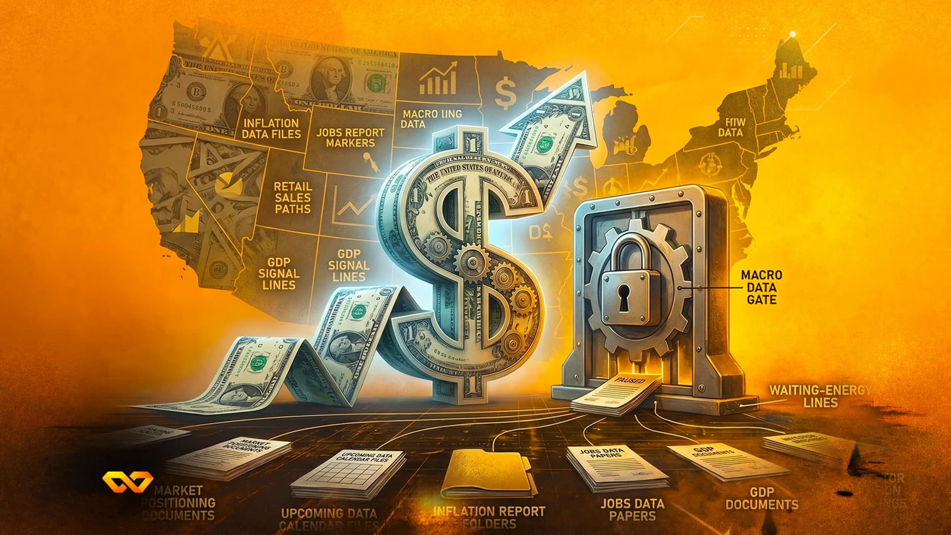Conceptual illustration of a large dollar sign made of gears over a US map with economic data labels and folders.