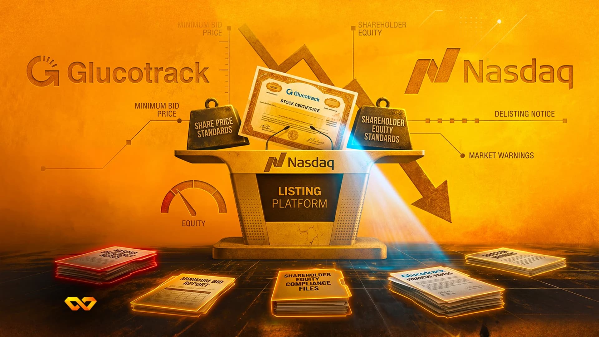Illustration of a Glucotrack stock certificate on a Nasdaq listing platform with weights and a downward chart.
