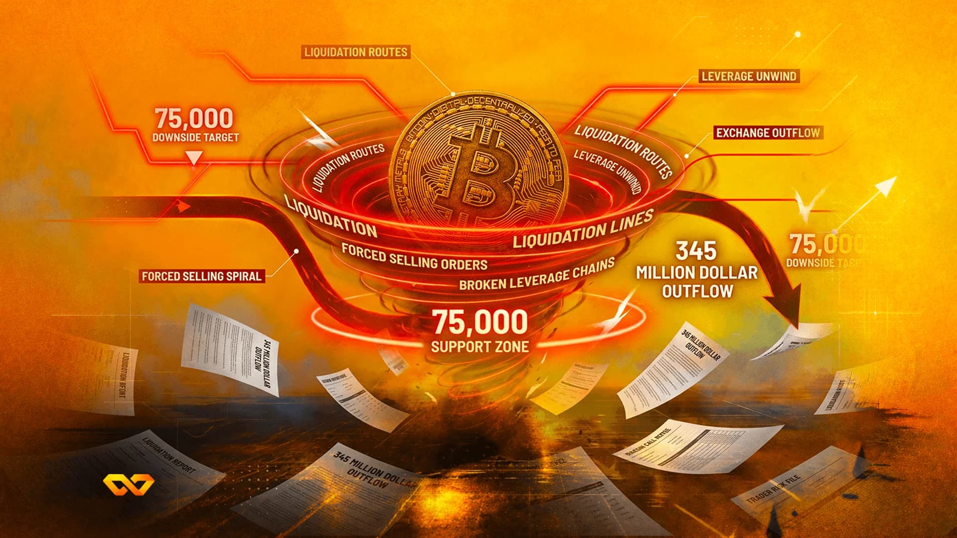Bitcoin coin centered in a fiery orange vortex with text labels about liquidation and falling financial reports.