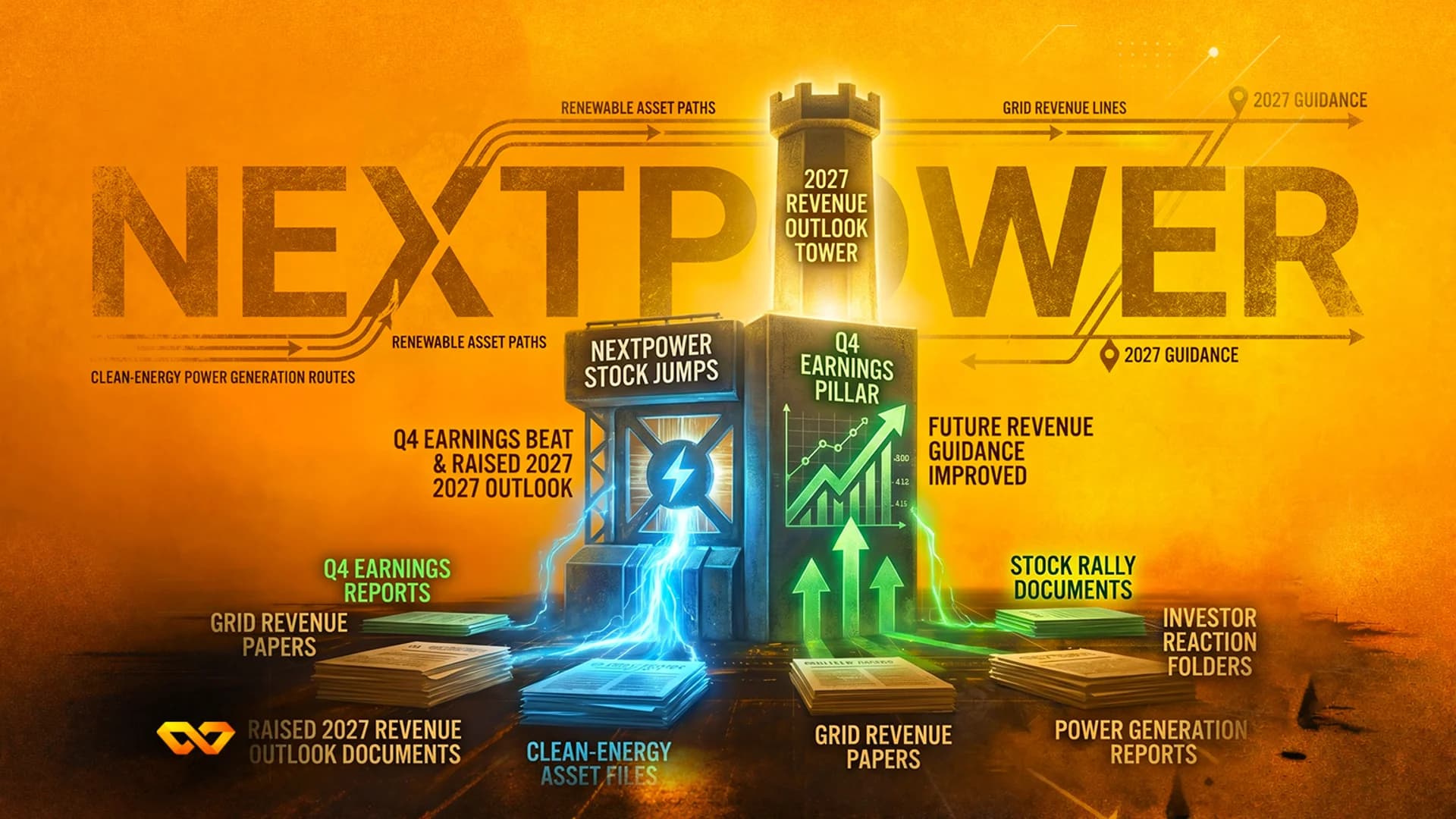 Digital illustration of a glowing tower labeled NextPower with rising charts and stacks of financial documents.