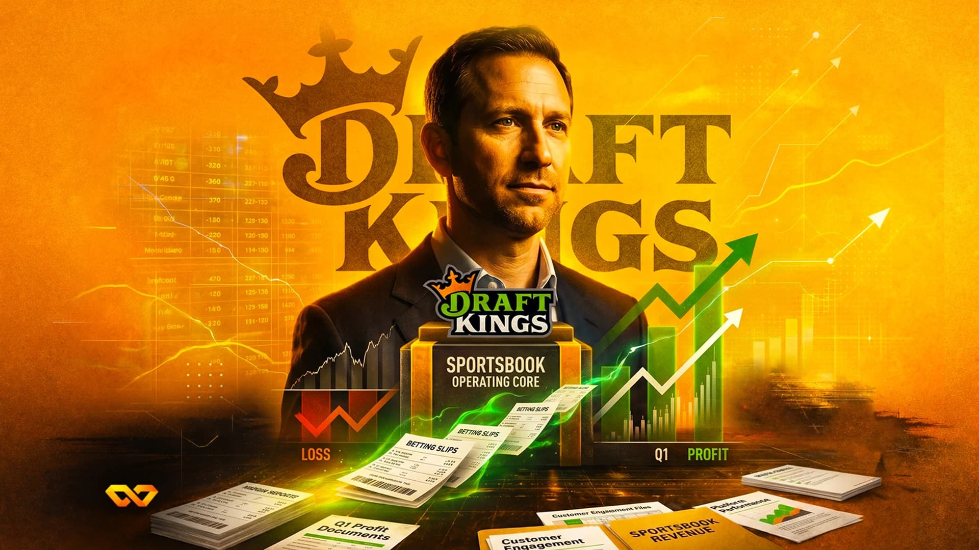 Portrait of a man over a DraftKings logo with financial charts, betting slips, and profit documents on a yellow background.