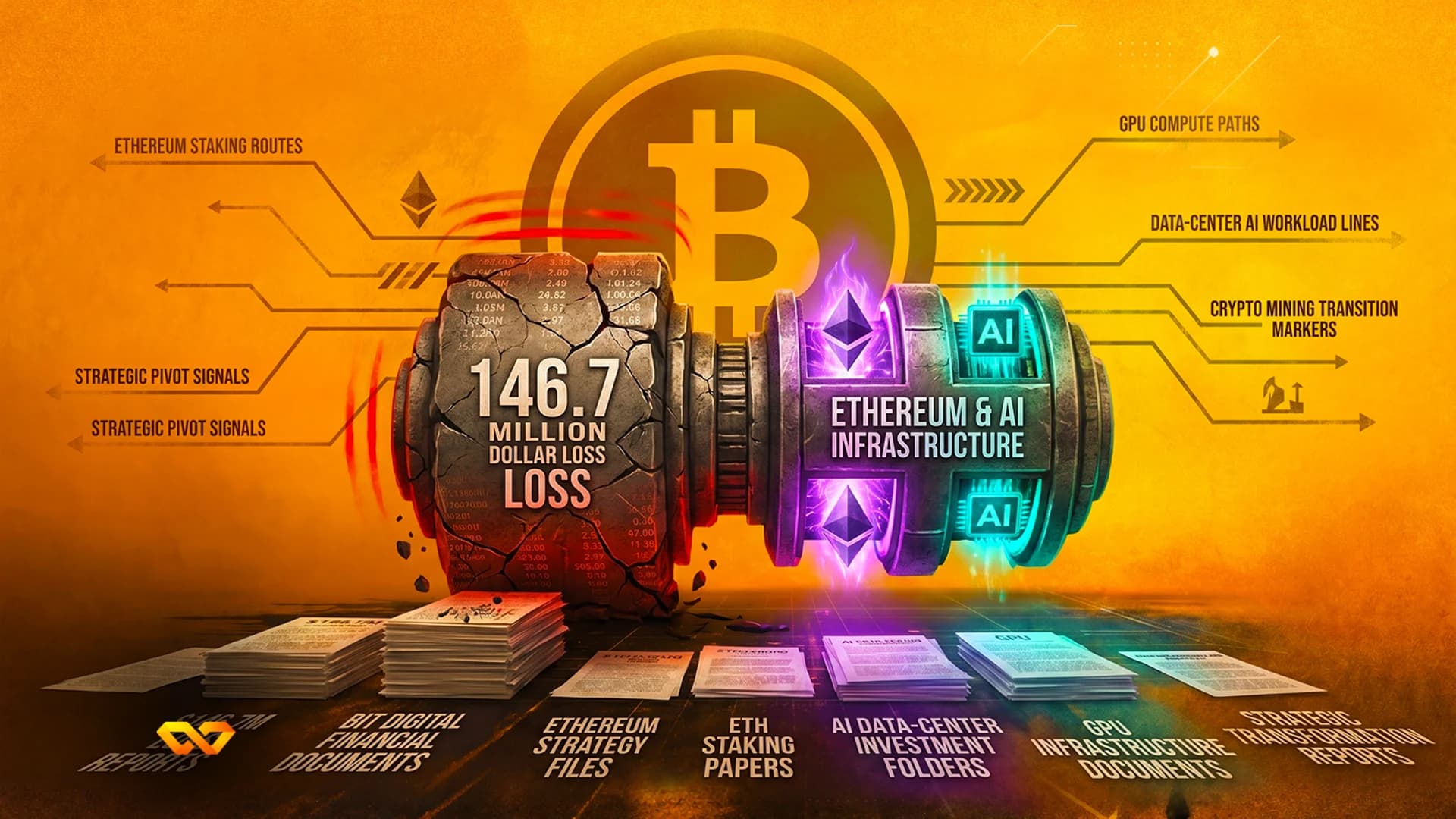 Conceptual illustration of a mechanical press crushing a stone block labeled with a financial loss, next to AI and Ethereum components.