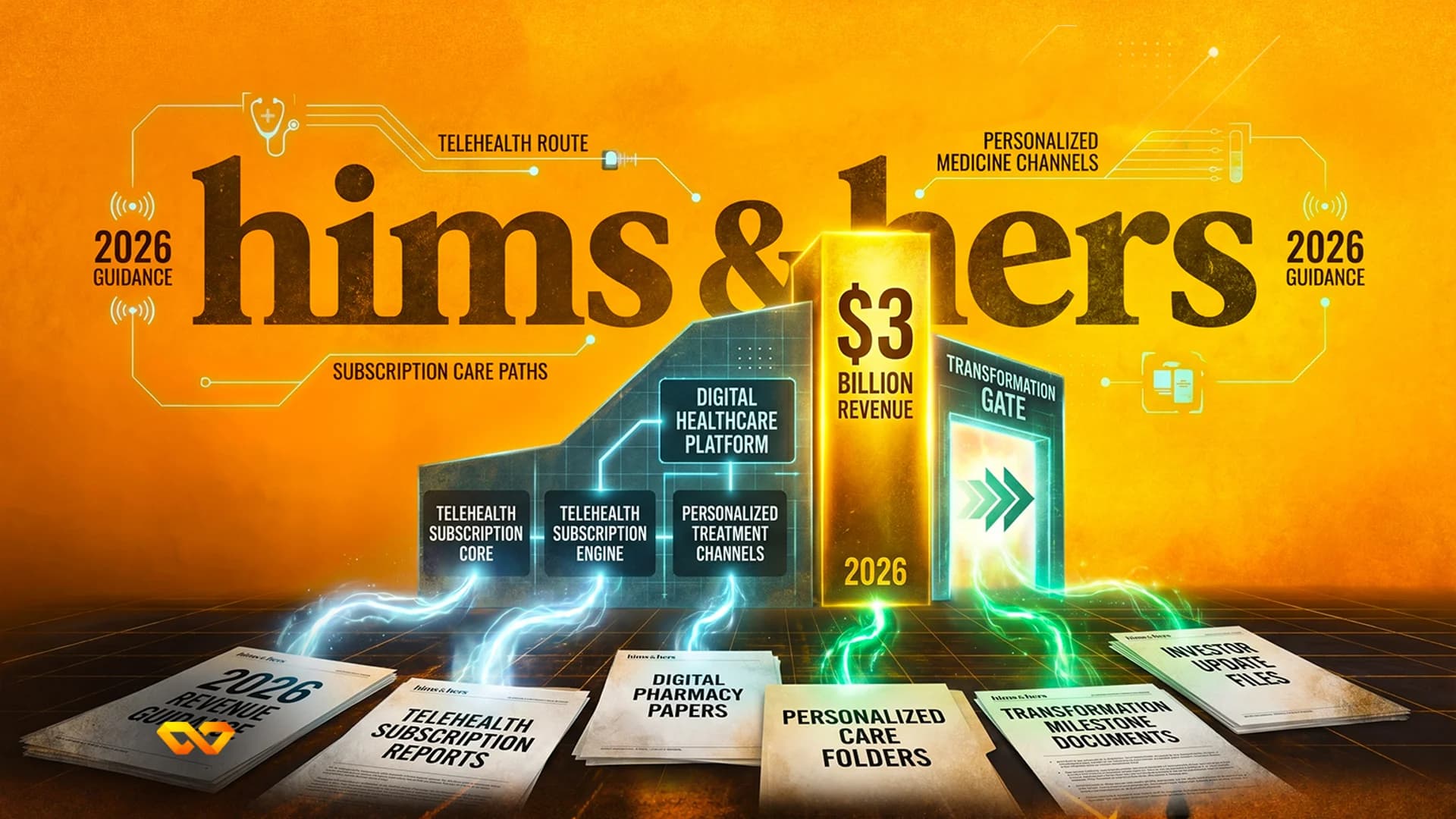 Hims & Hers logo over a digital landscape with a golden $3 billion revenue pillar and financial documents.