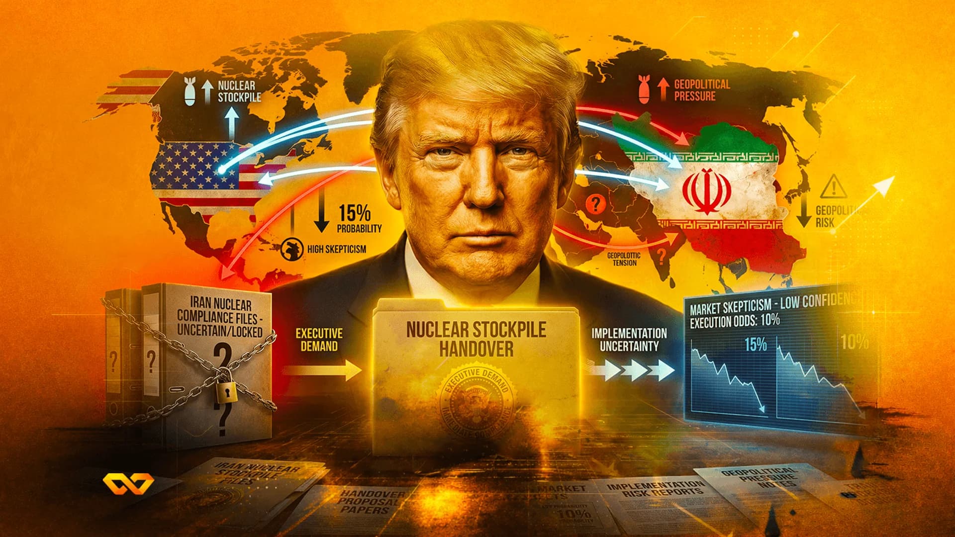 Digital collage of Donald Trump, a world map, US and Iran flags, and folders labeled nuclear stockpile handover.