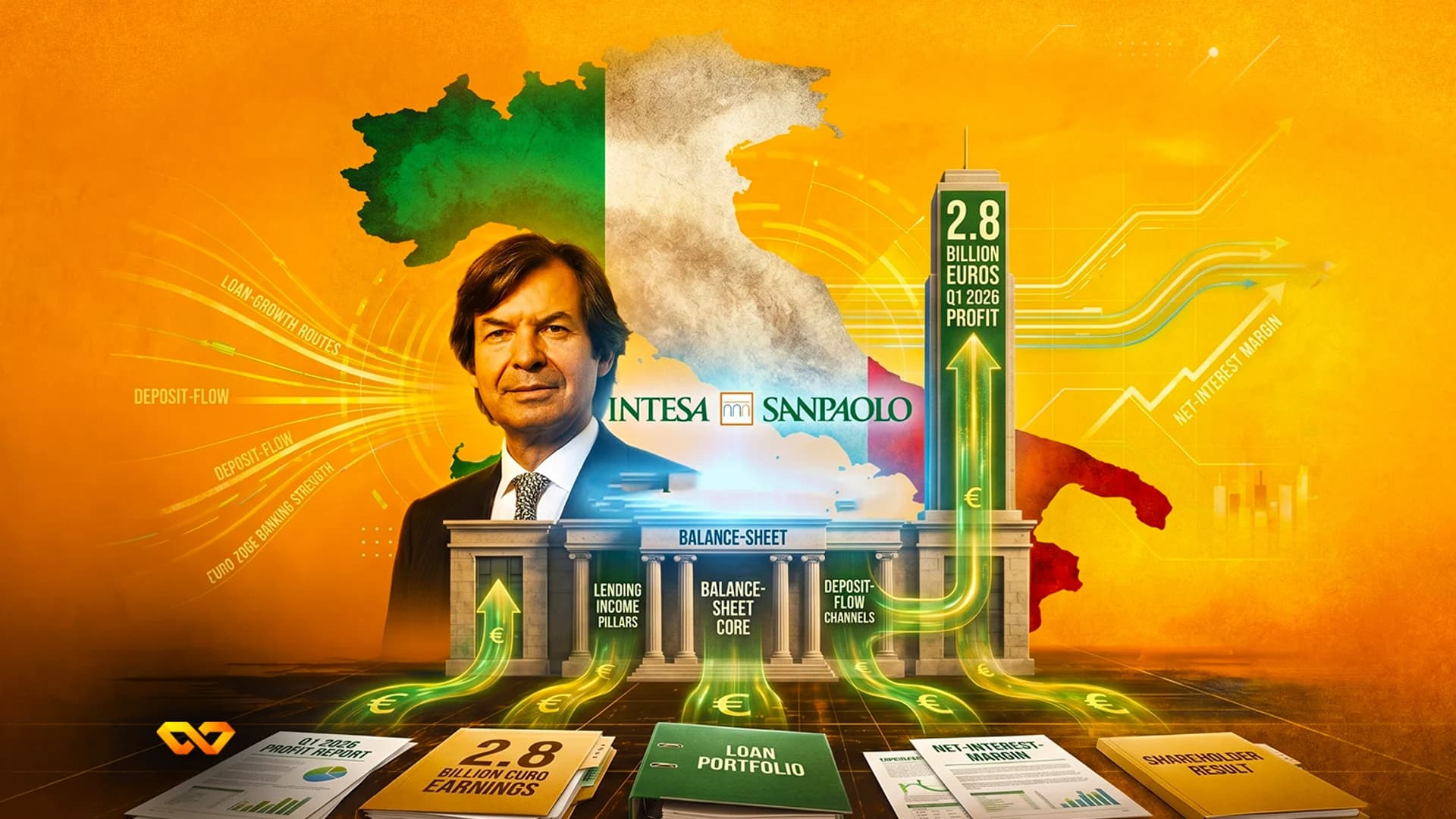 Digital collage with a man's portrait, Intesa Sanpaolo logo, Italy map, and financial reports on an orange background.