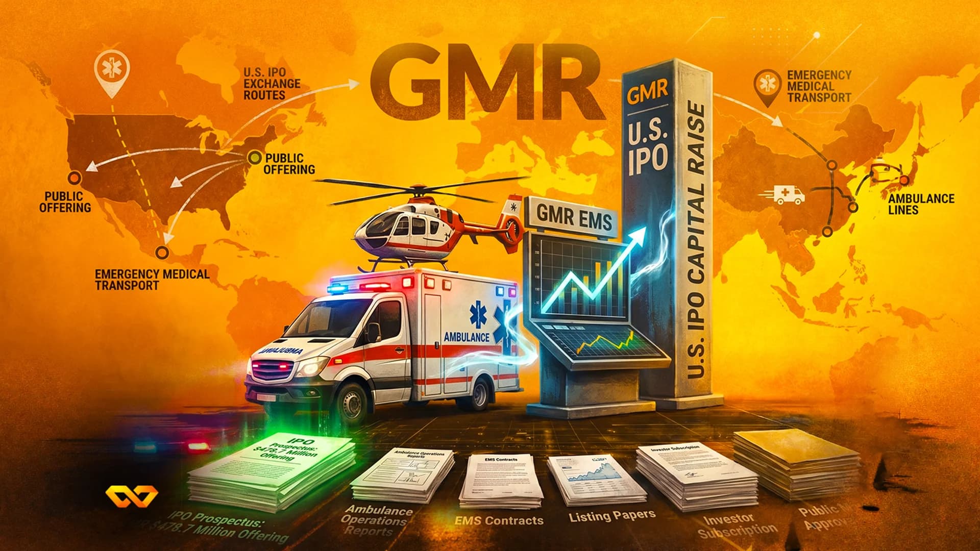 Illustration of an ambulance and helicopter next to a rising stock chart and IPO documents on an orange background.
