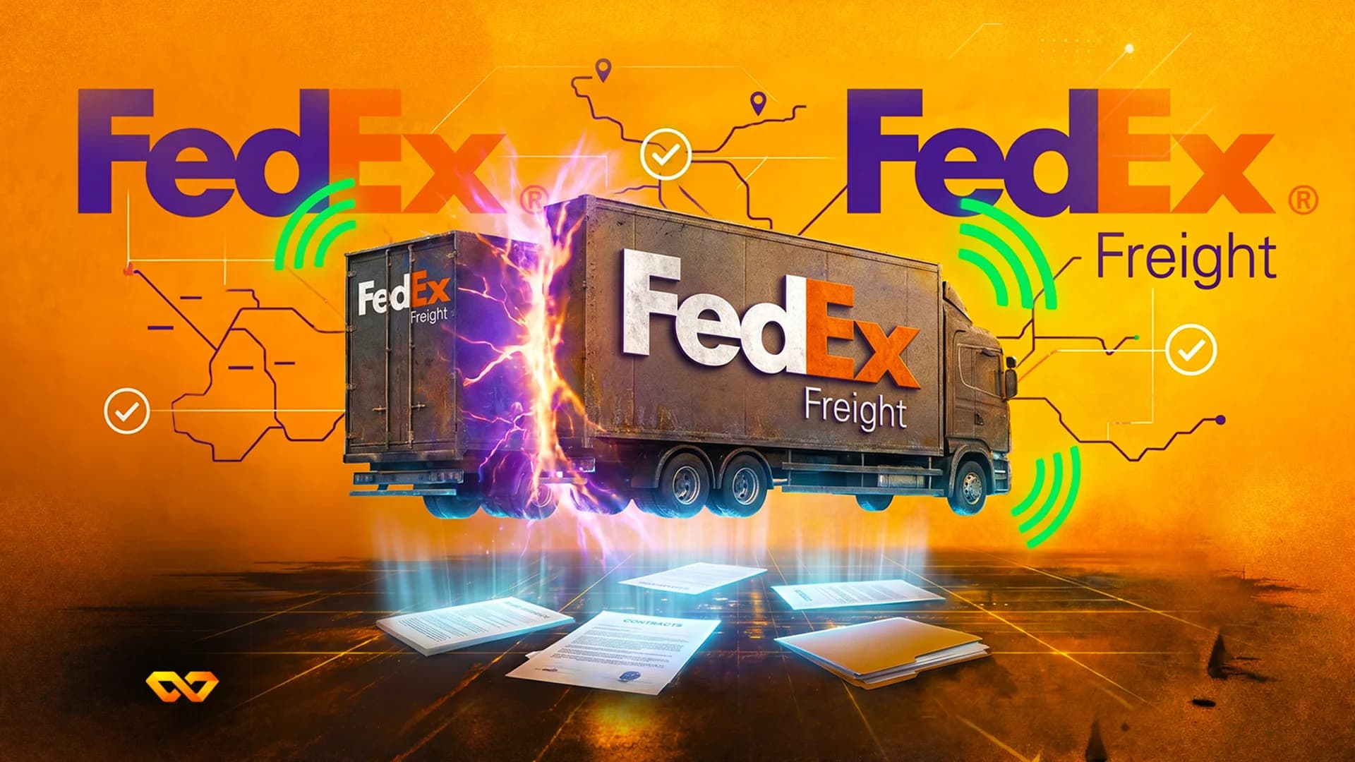FedEx Freight truck split by energy effect with floating contracts on an orange background.