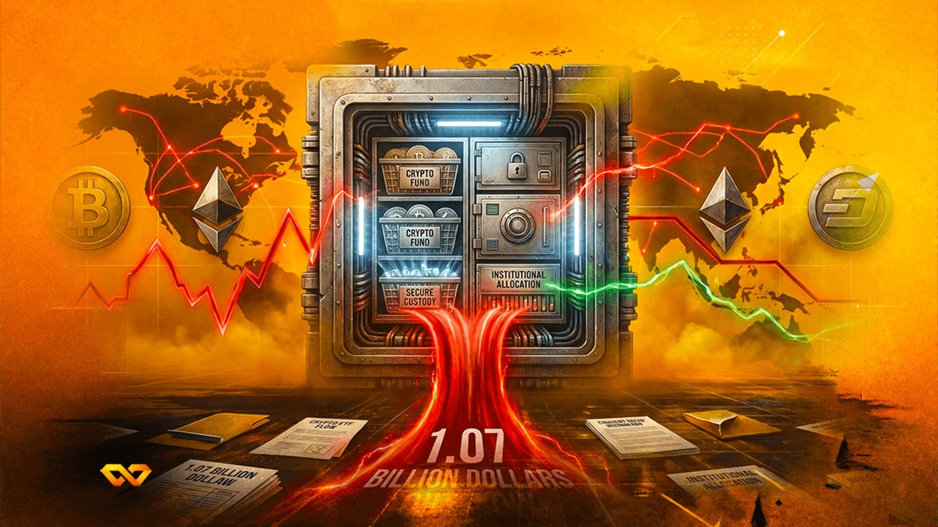 A metallic safe with crypto labels sits before a world map, with Bitcoin and Ethereum logos and a red flow.