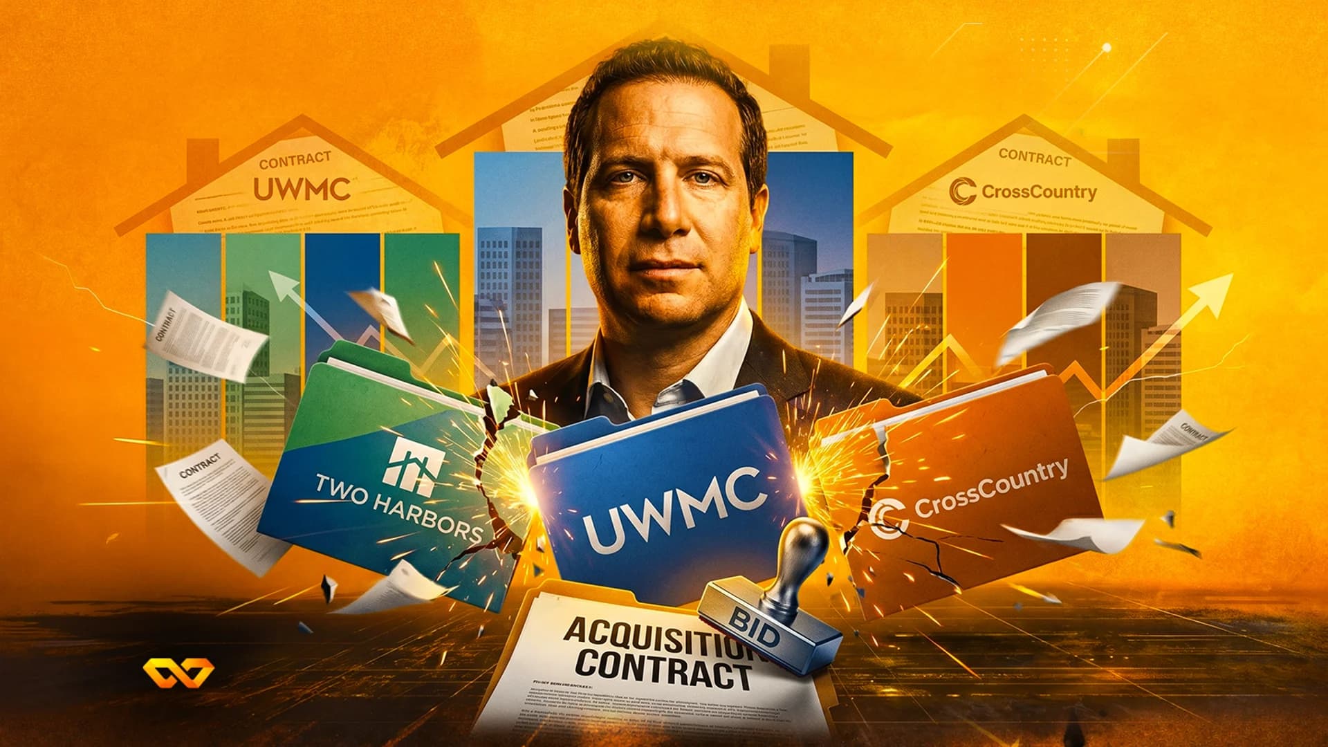 Digital illustration of a man surrounded by corporate folders, contracts, and a bid stamp on an orange background.