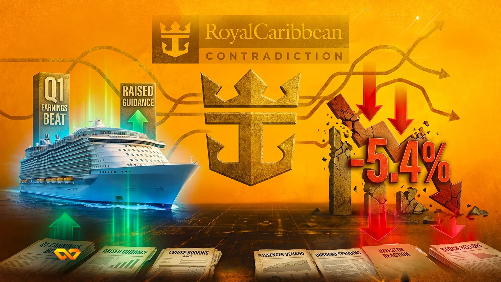 Graphic of a cruise ship, Royal Caribbean logo, and financial charts showing a 5.4% drop against positive earnings.