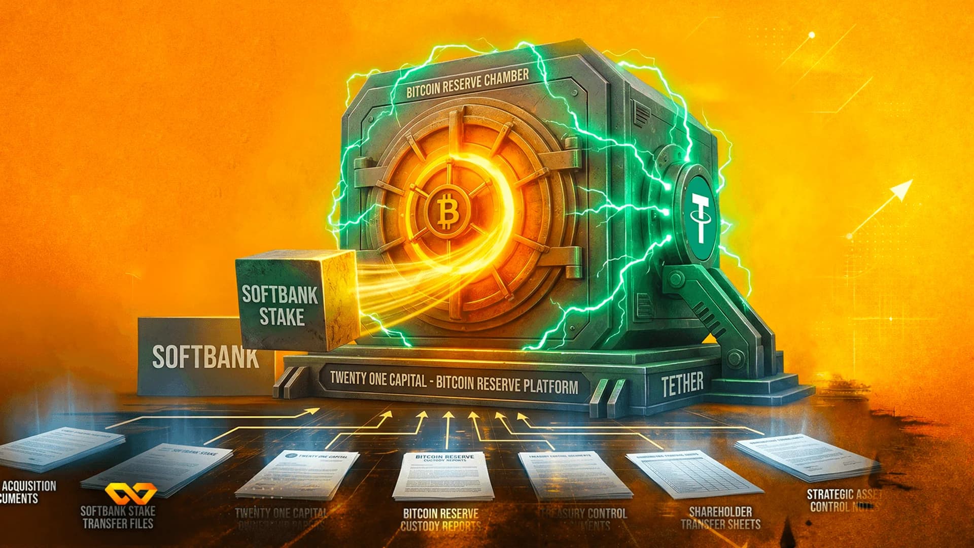 Digital illustration of a metallic vault labeled Bitcoin Reserve Chamber with glowing logos and financial documents.