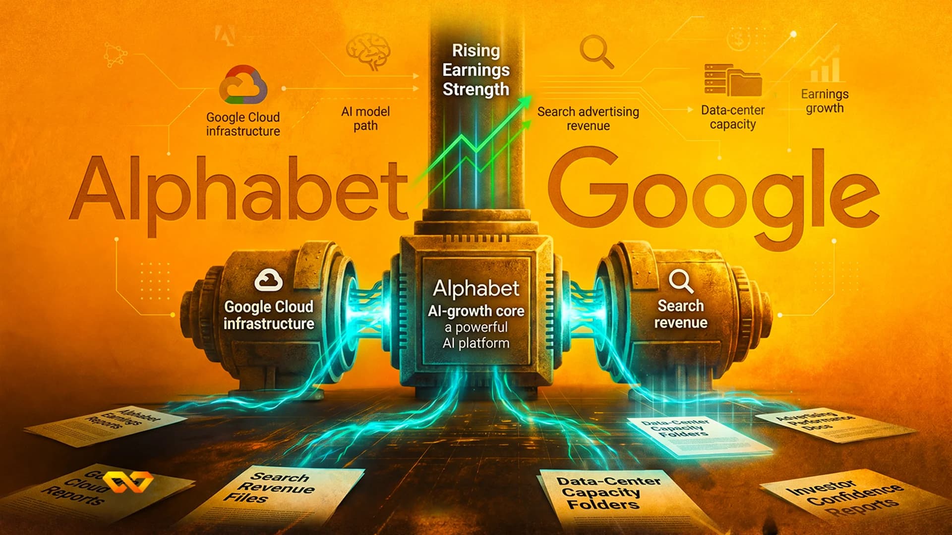 Stylized orange machine labeled Alphabet and Google with glowing blue energy, charts, and financial report documents.