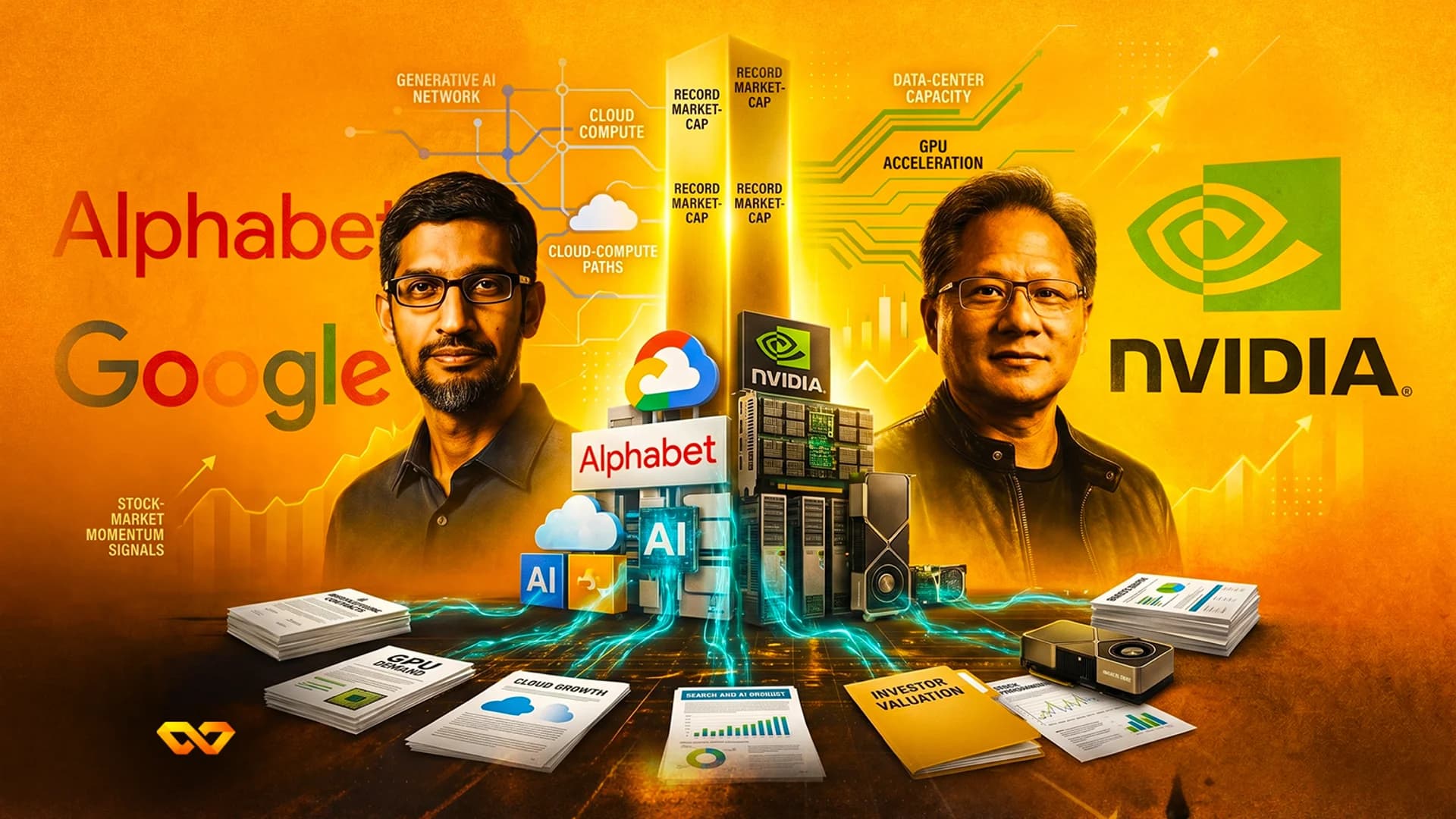 Collage of Sundar Pichai and Jensen Huang with Google and NVIDIA logos, GPUs, and reports on an orange background.