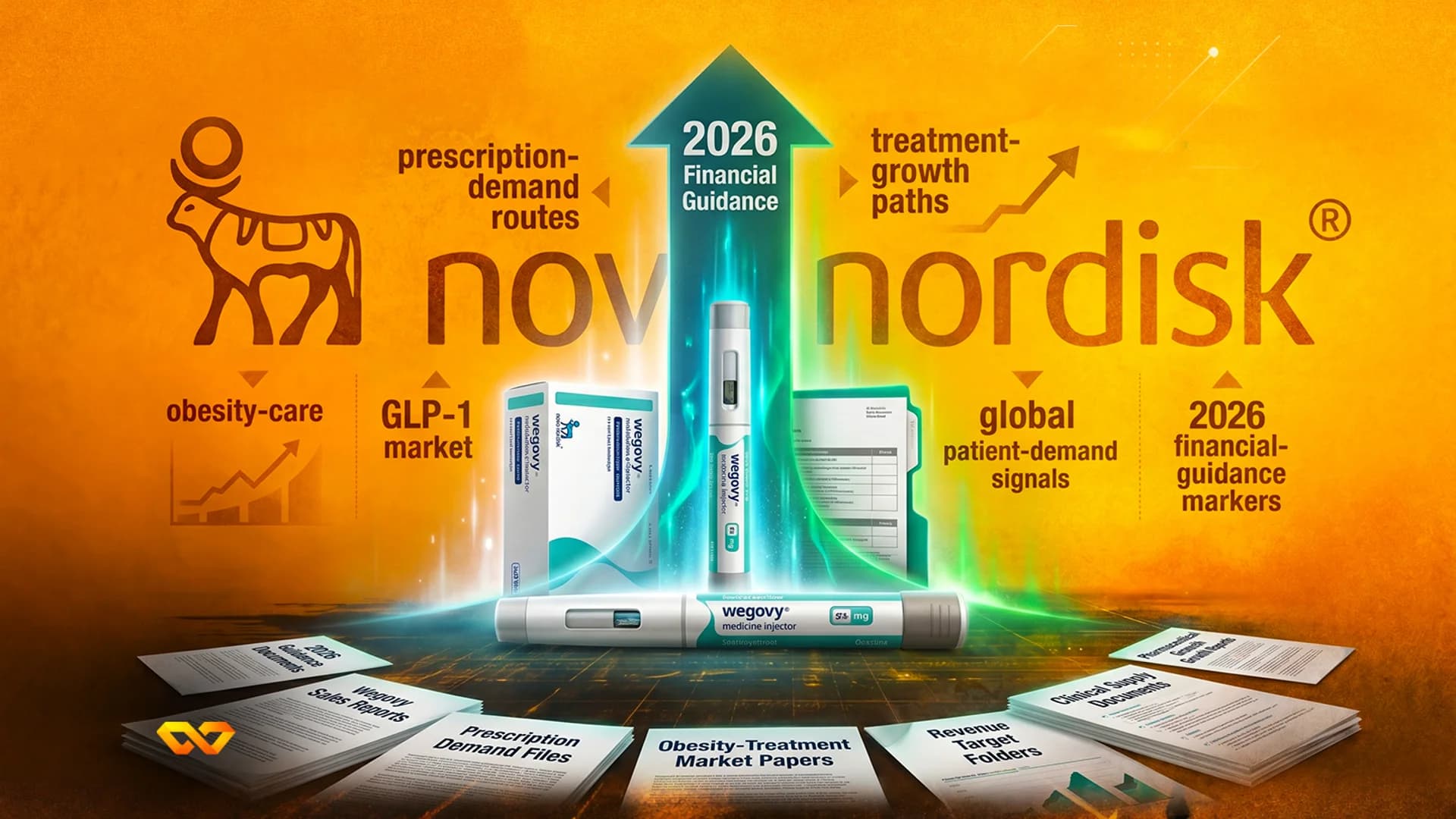 Novo Nordisk logo and Wegovy injector pens with financial documents and an upward arrow on an orange background.