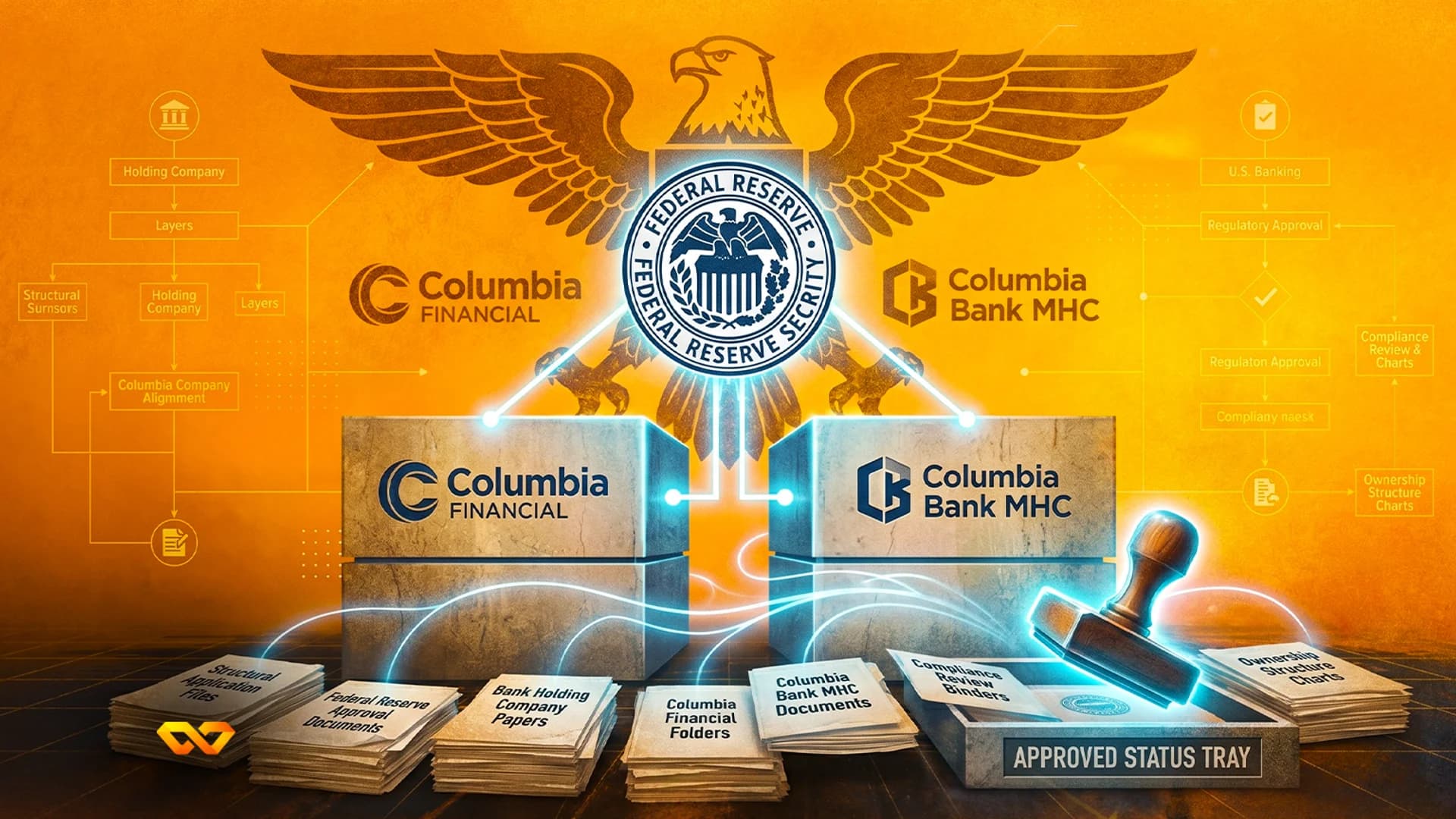 Federal Reserve seal and Columbia Financial logos above stacks of documents and a glowing 'Approved' stamp.