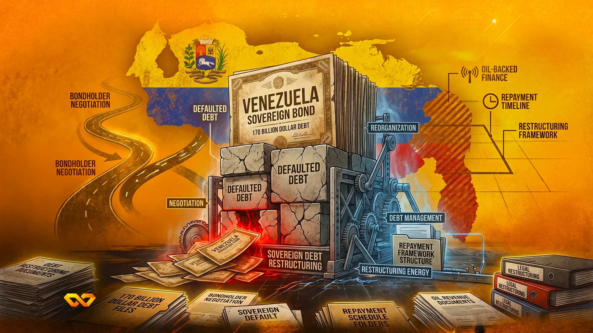 Illustration of Venezuela's sovereign debt restructuring featuring a map, flag, bond documents, and stone blocks.