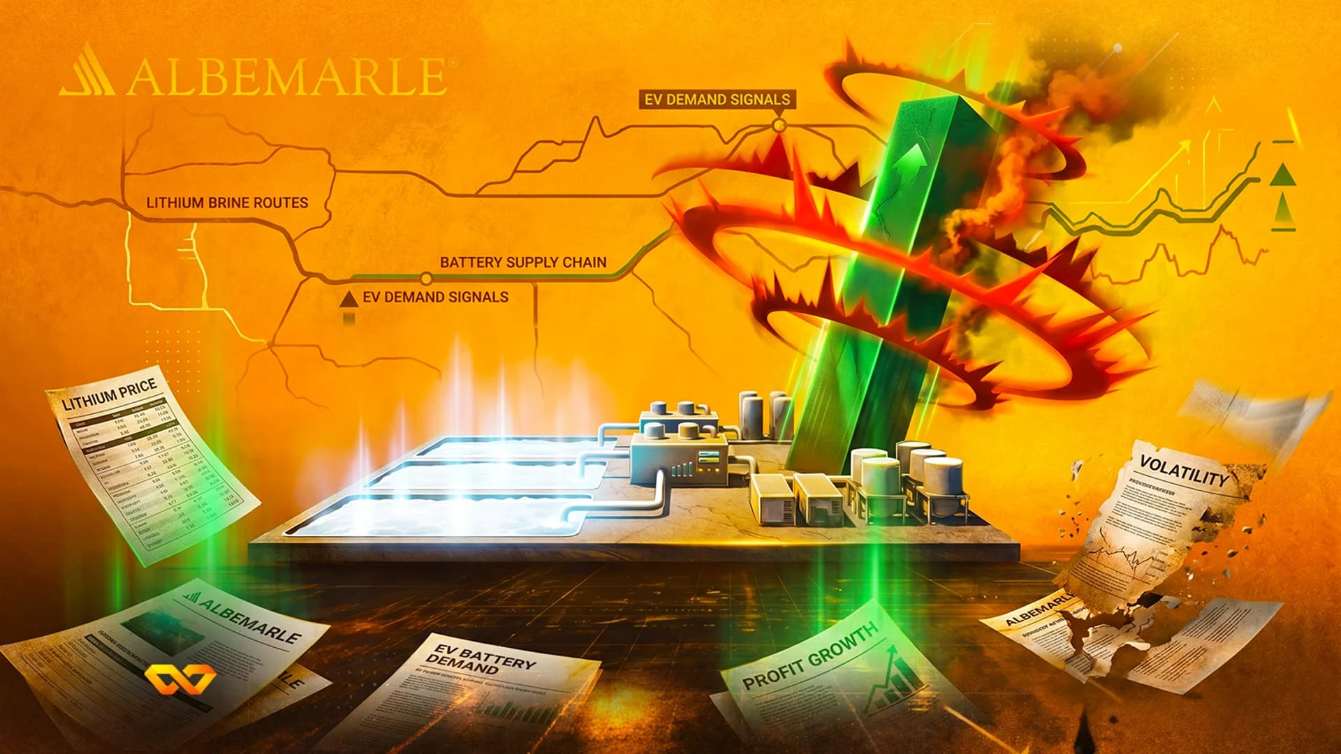 Digital illustration featuring the Albemarle logo, lithium extraction pools, financial charts, and a rising green bar.