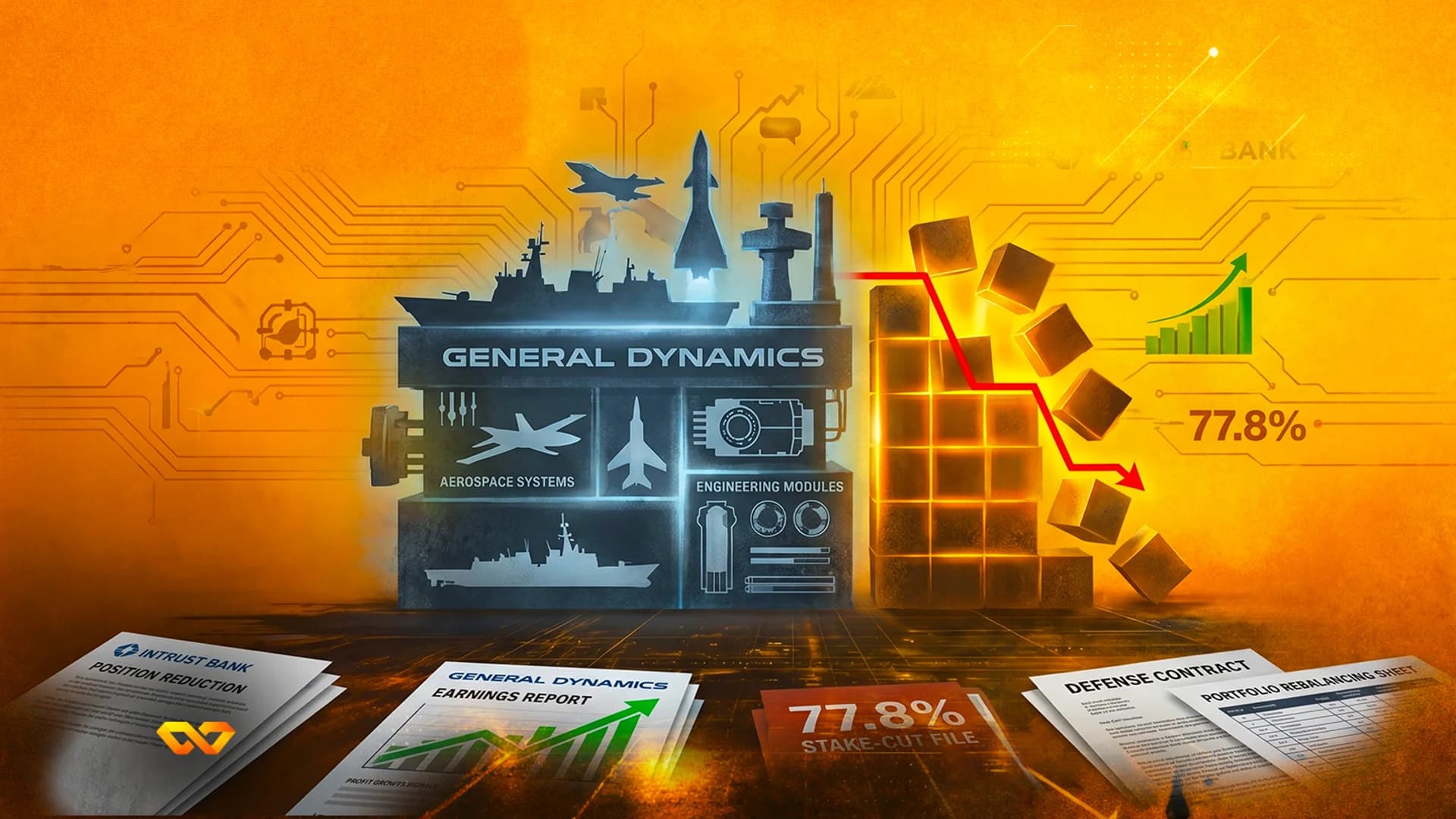 Illustration of General Dynamics logo with military silhouettes, falling blocks, a red line chart, and financial papers.