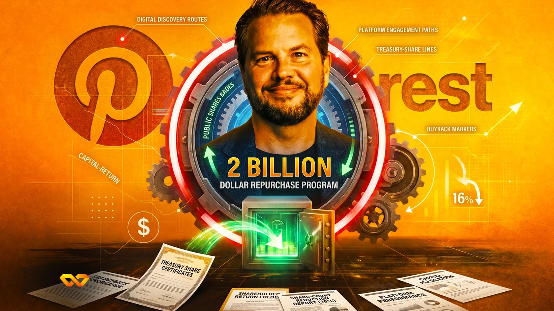 Digital art of a man's face in a gear, Pinterest logo, a safe, and papers mentioning a $2 billion repurchase program.