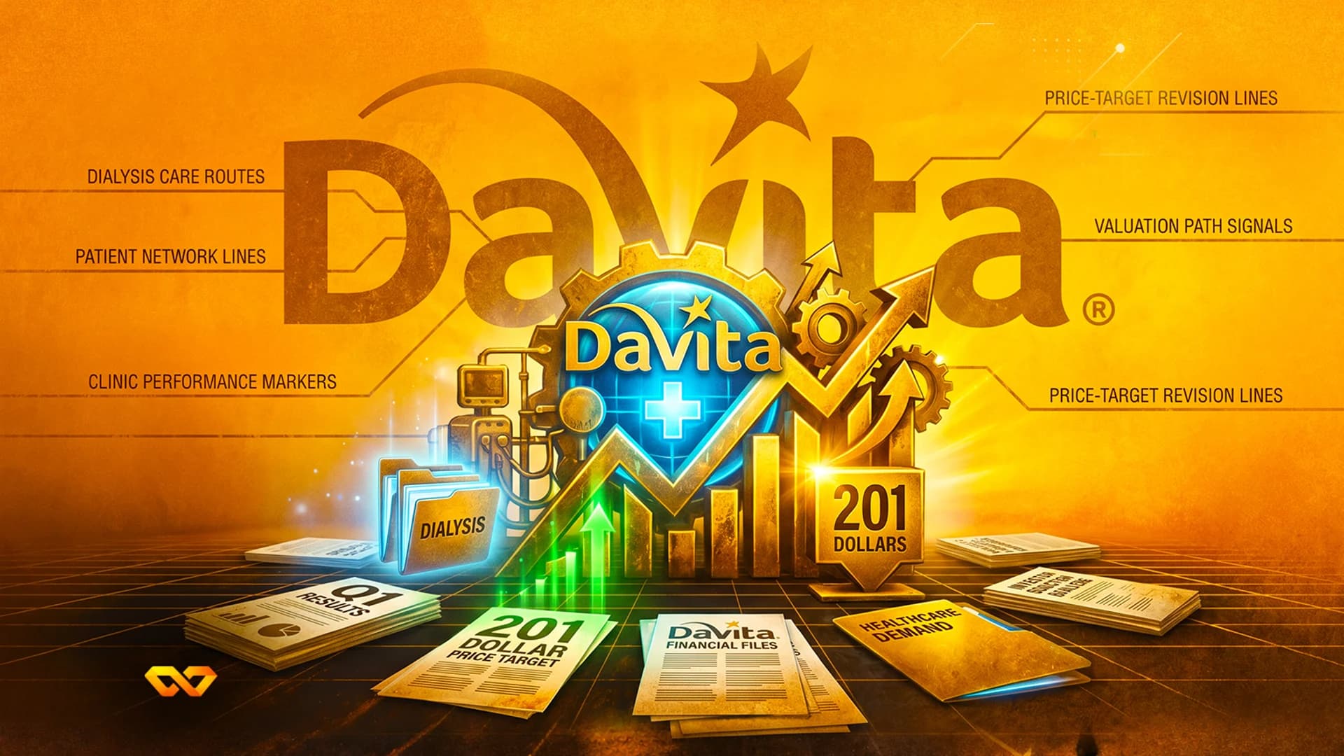 Digital illustration of DaVita logo with financial charts, gears, folders, and text labels on an orange background.