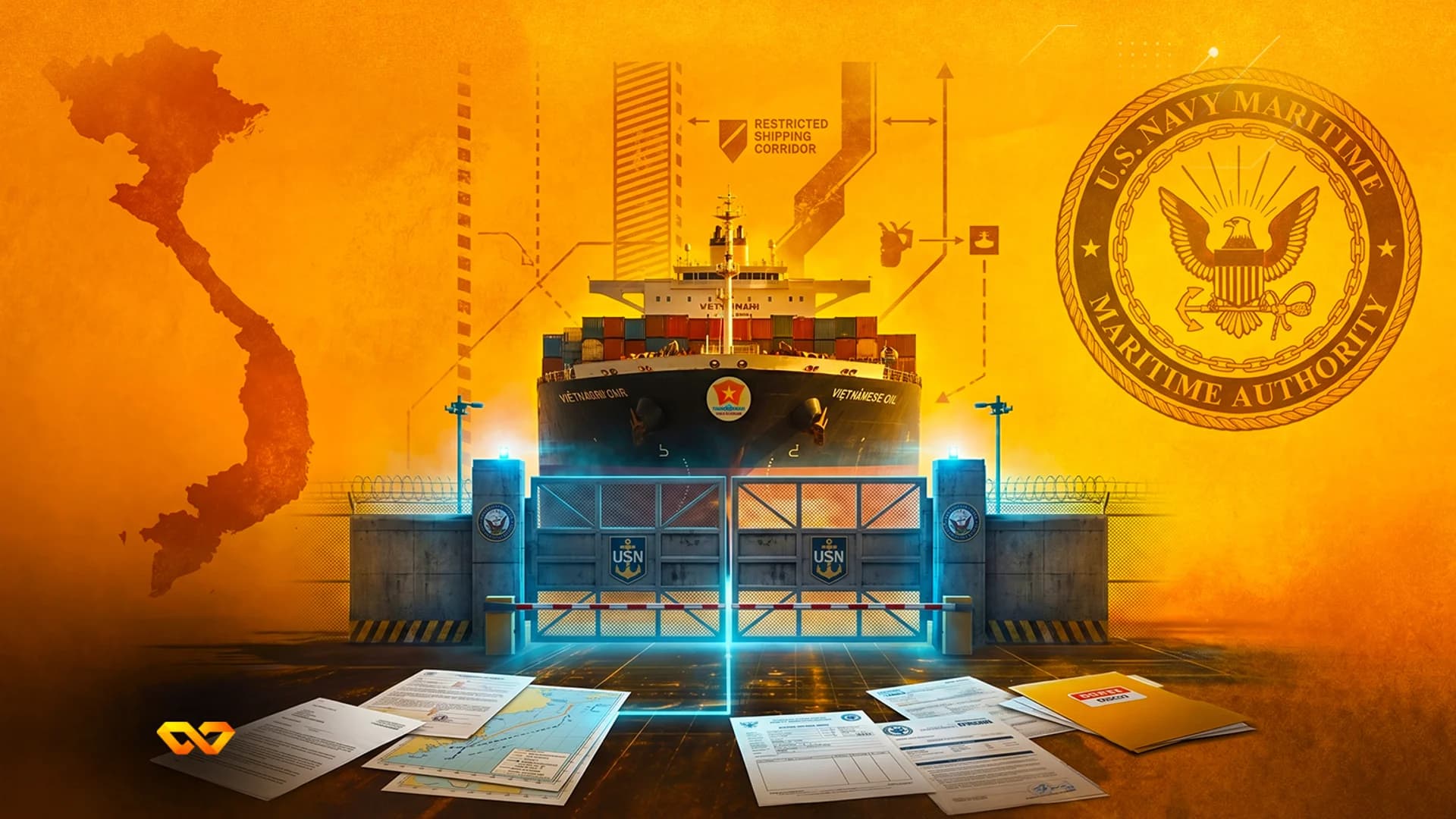 Cargo ship labeled Vietnamese Oil behind a USN gate with a map of Vietnam and a US Navy seal on an orange background.