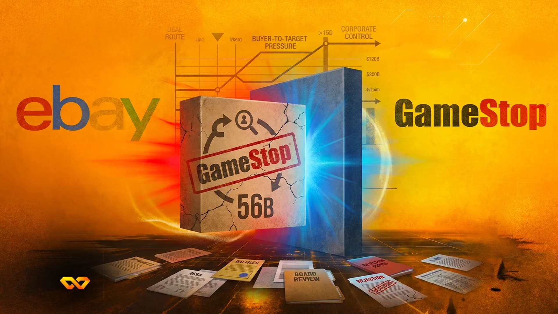 eBay and GameStop logos flanking a central block passing through a wall, with M&A documents on the ground.