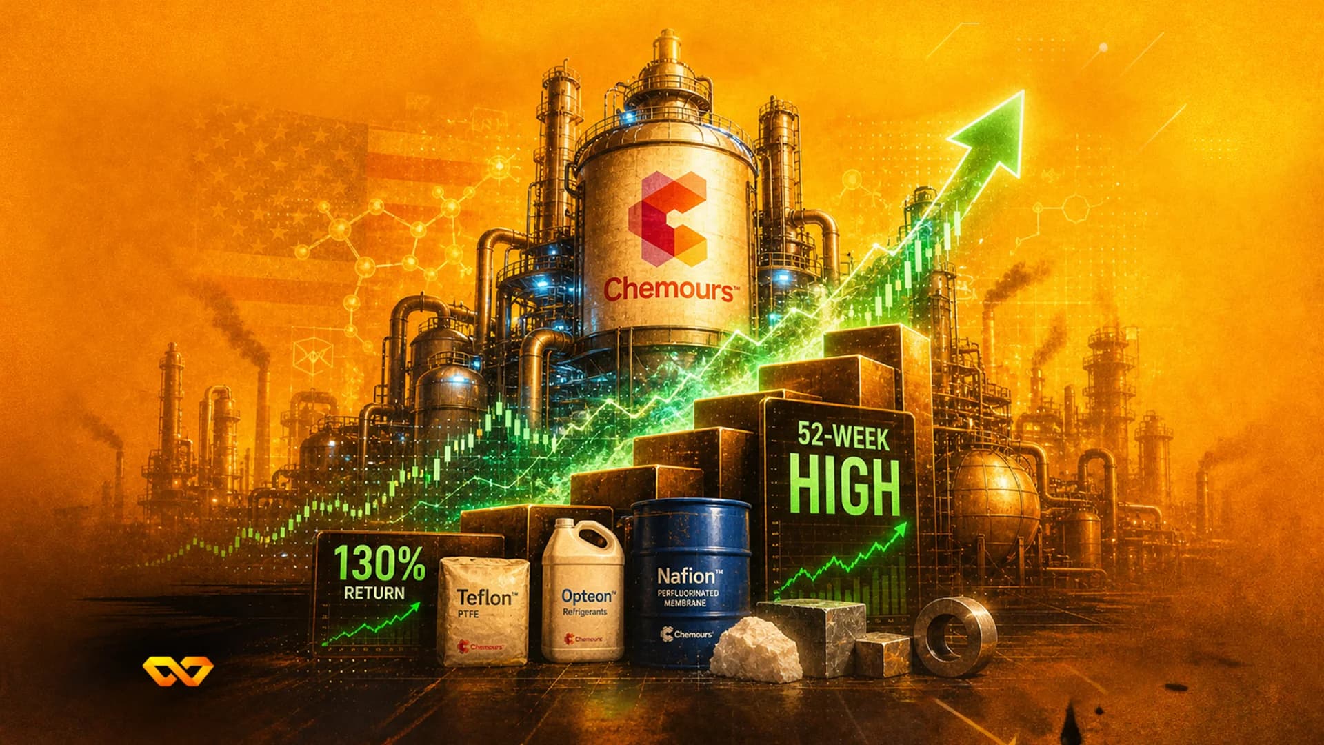 Digital illustration of a Chemours chemical plant with rising green stock charts and product containers.