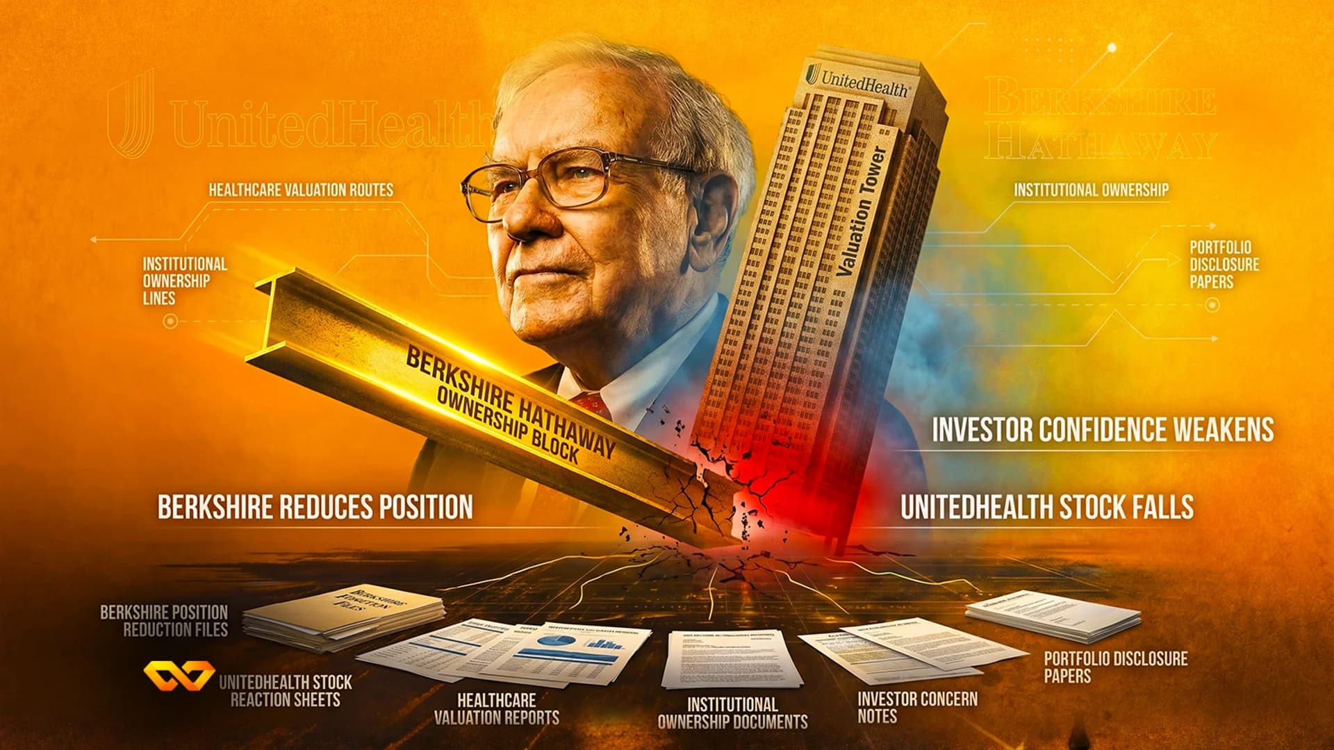 Illustration of Warren Buffett beside a UnitedHealth skyscraper being hit by a Berkshire Hathaway steel beam.