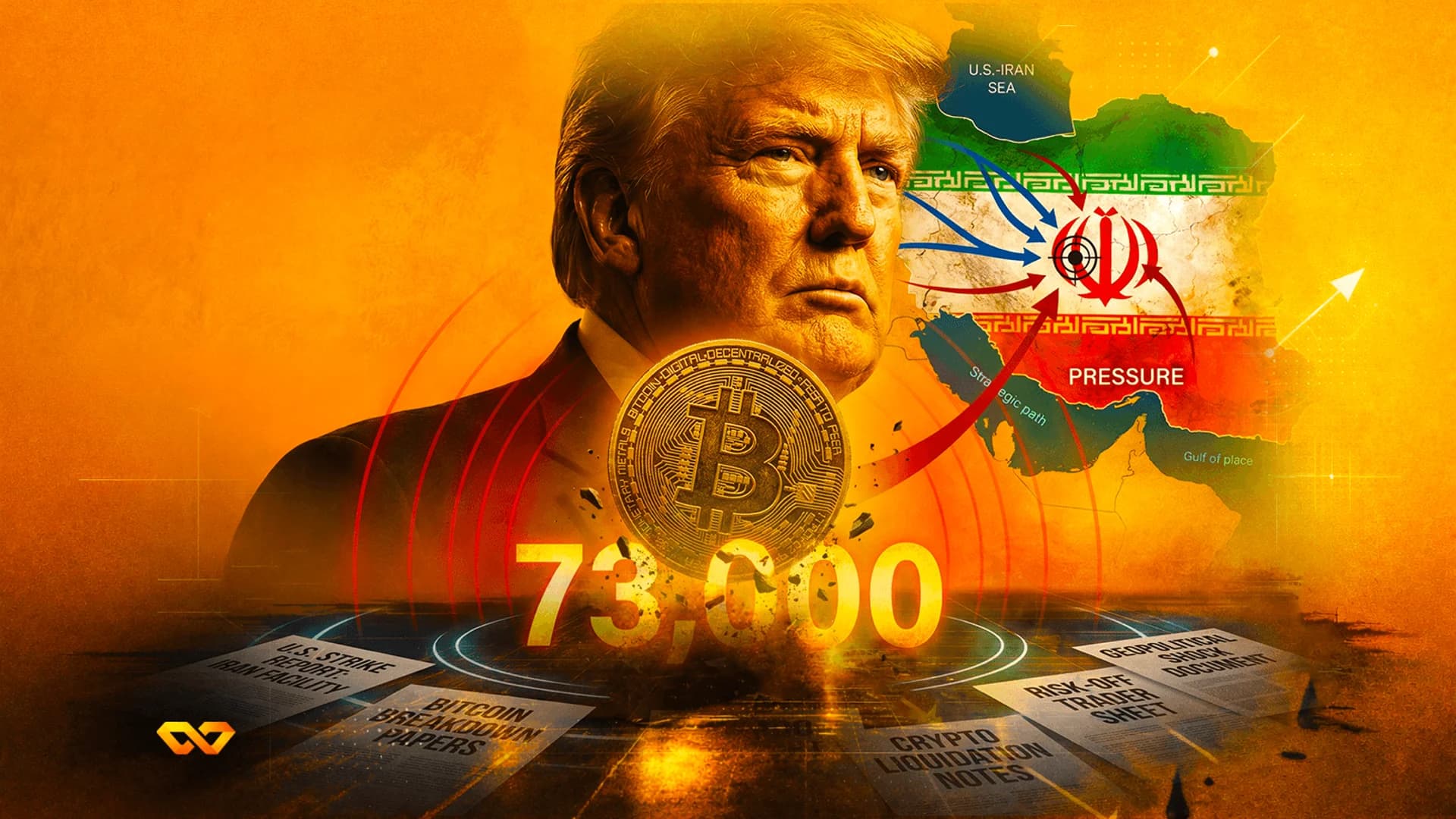 Digital illustration of Donald Trump, a Bitcoin coin, the number 73,000, and a map of Iran with target arrows.