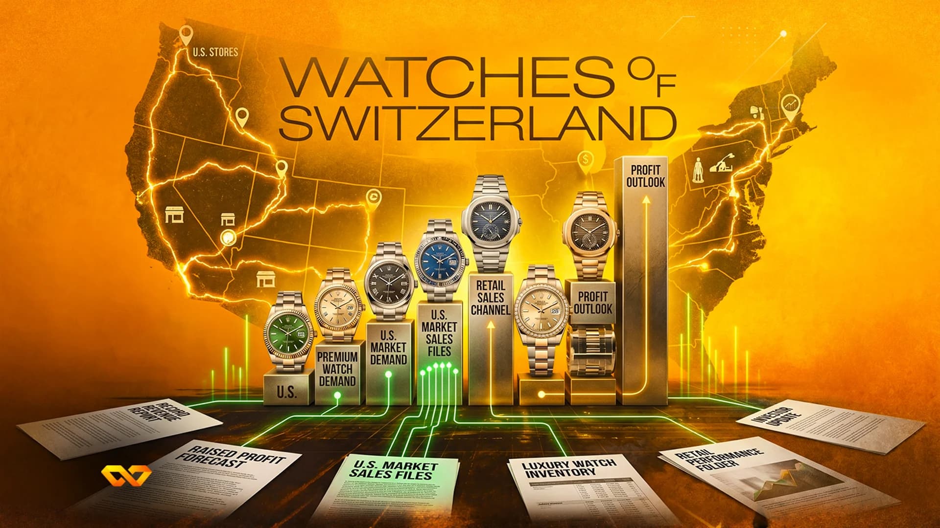 Graphic for Watches of Switzerland featuring luxury watches on bar charts against a US map and financial reports.