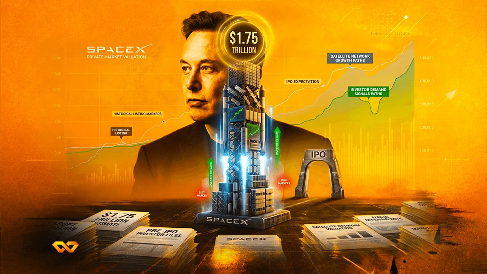 Digital illustration of a SpaceX rocket structure with a $1.75 trillion valuation badge and financial documents.