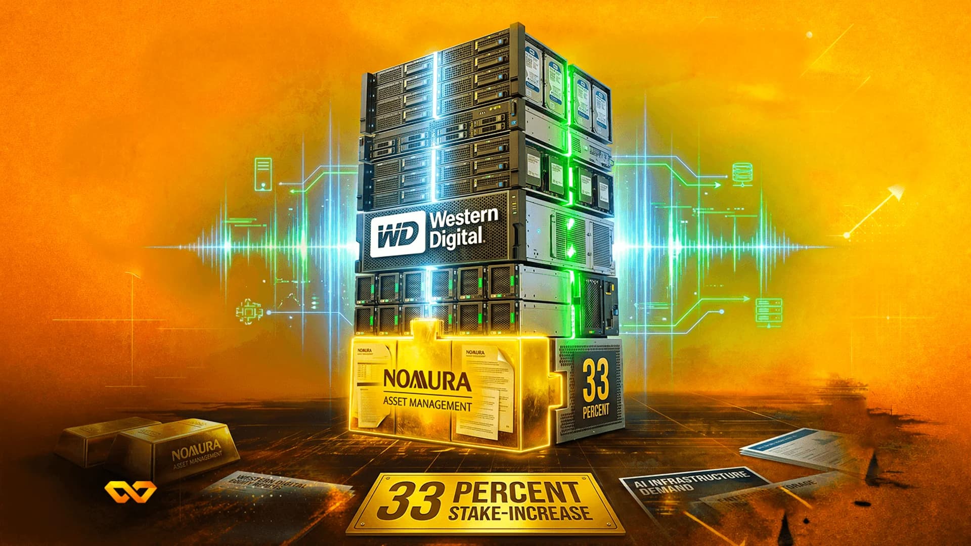 A stack of server hardware with the Western Digital logo atop a glowing Nomura Asset Management block.