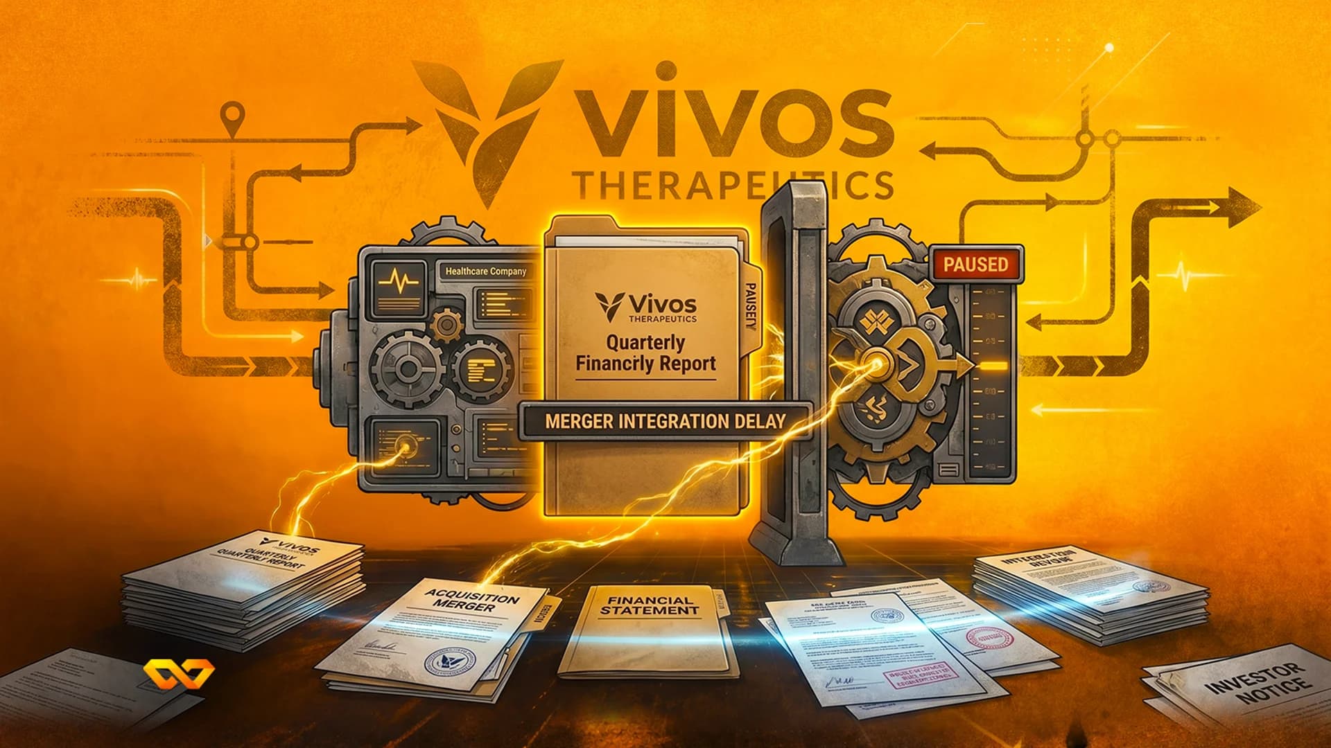 Orange-toned illustration of a Vivos Therapeutics folder with a 'Merger Integration Delay' banner and mechanical gears.