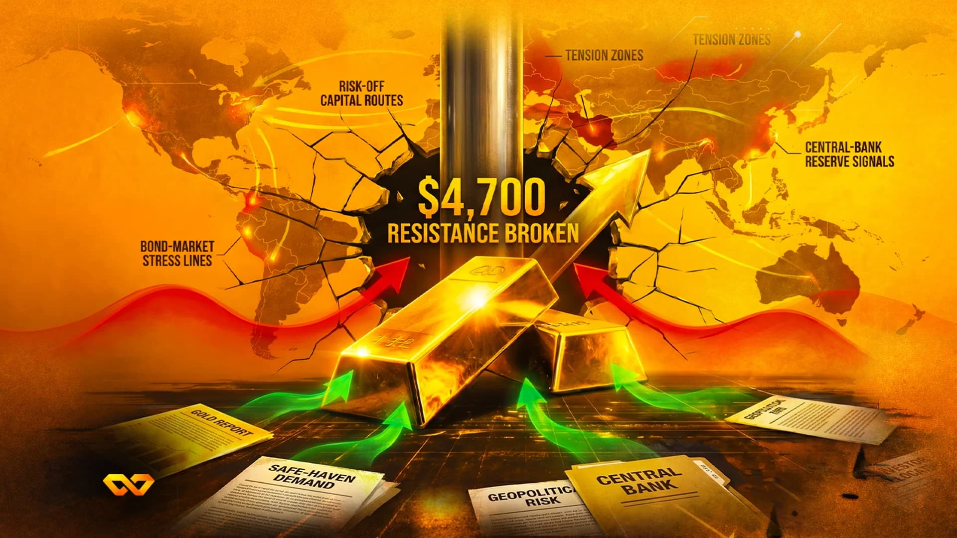 Digital illustration of gold bars on a cracked world map with upward arrows and financial report documents.