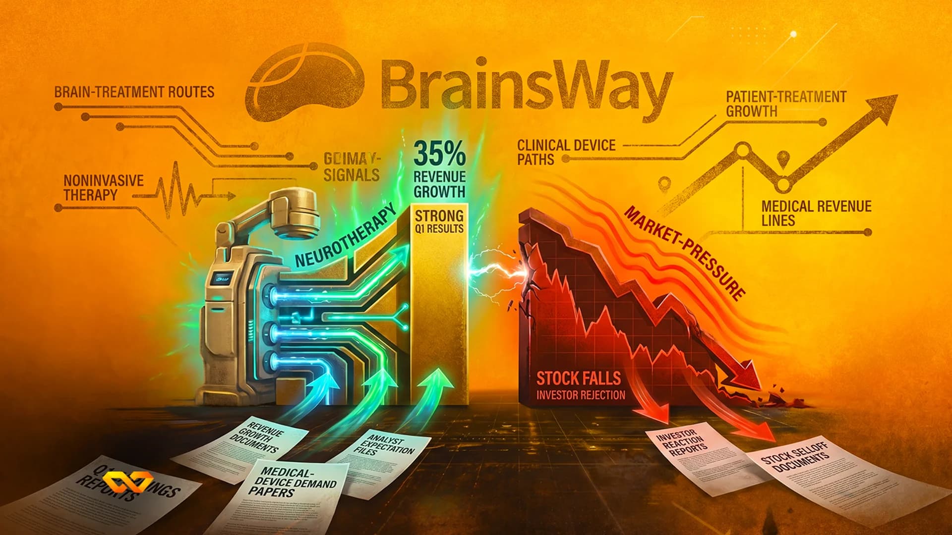 Infographic showing BrainsWay logo, a medical device with green upward arrows, and a red downward chart.