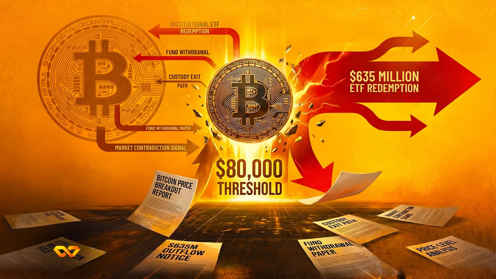 A Bitcoin coin on fire breaking through a surface with red arrows and financial documents on an orange background.