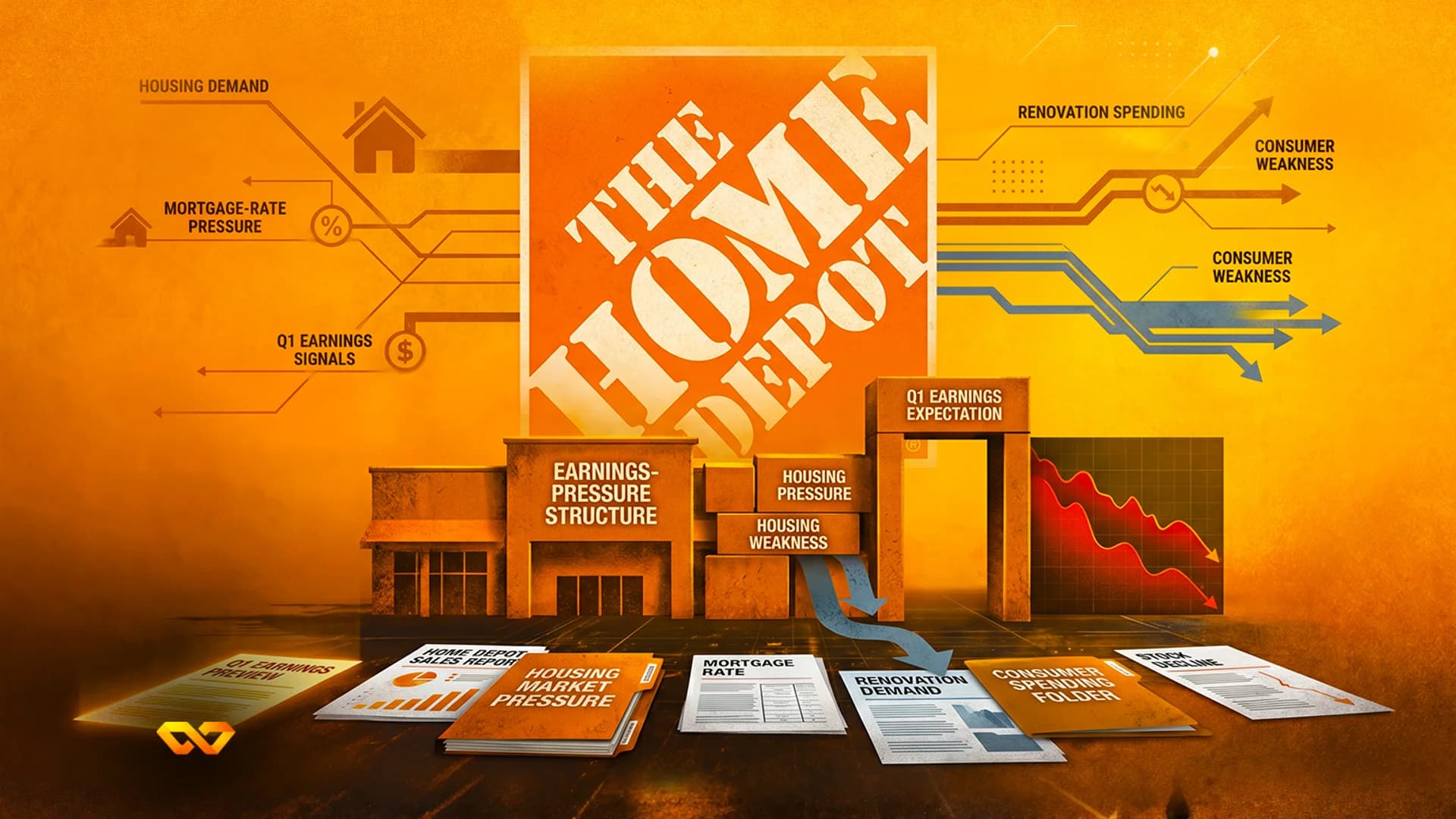 Home Depot logo above 3D building models and financial documents on an orange background with data charts and arrows.
