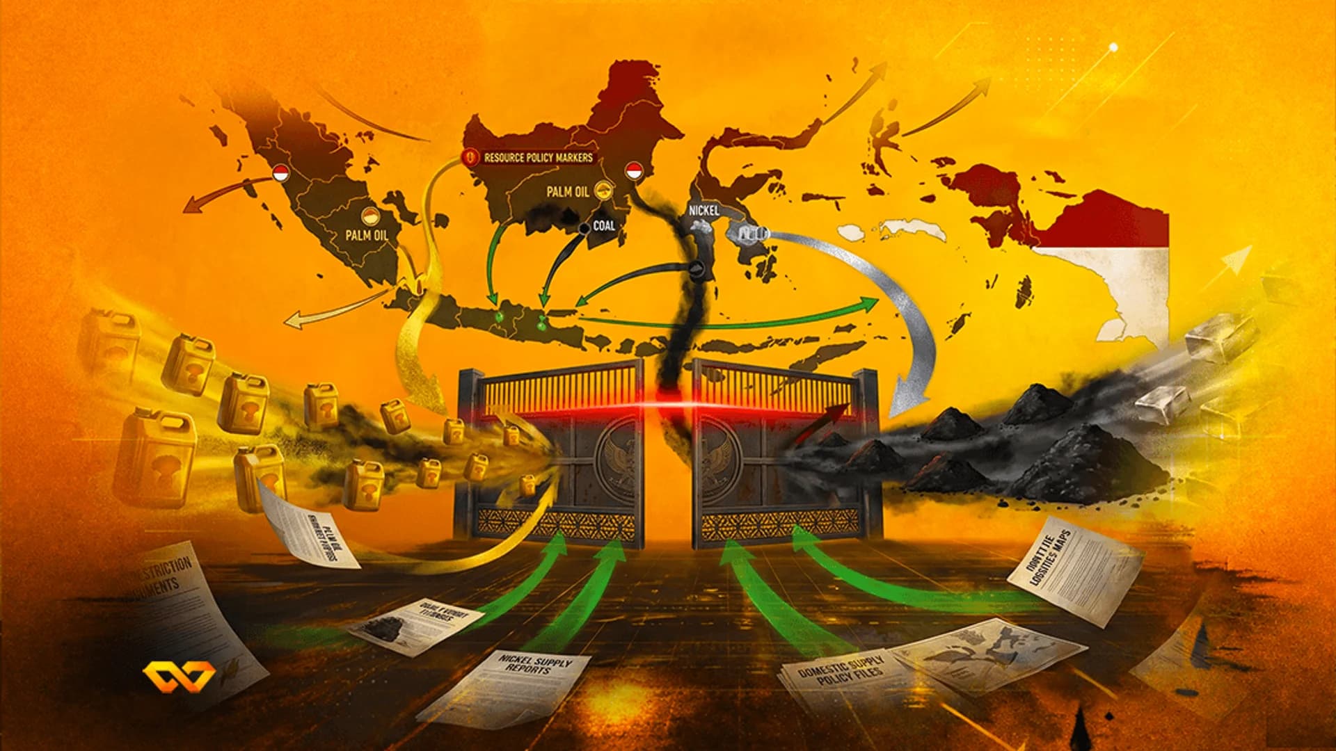 Illustration of Indonesia's map with arrows, palm oil cans, coal, and nickel ingots around a large gate.