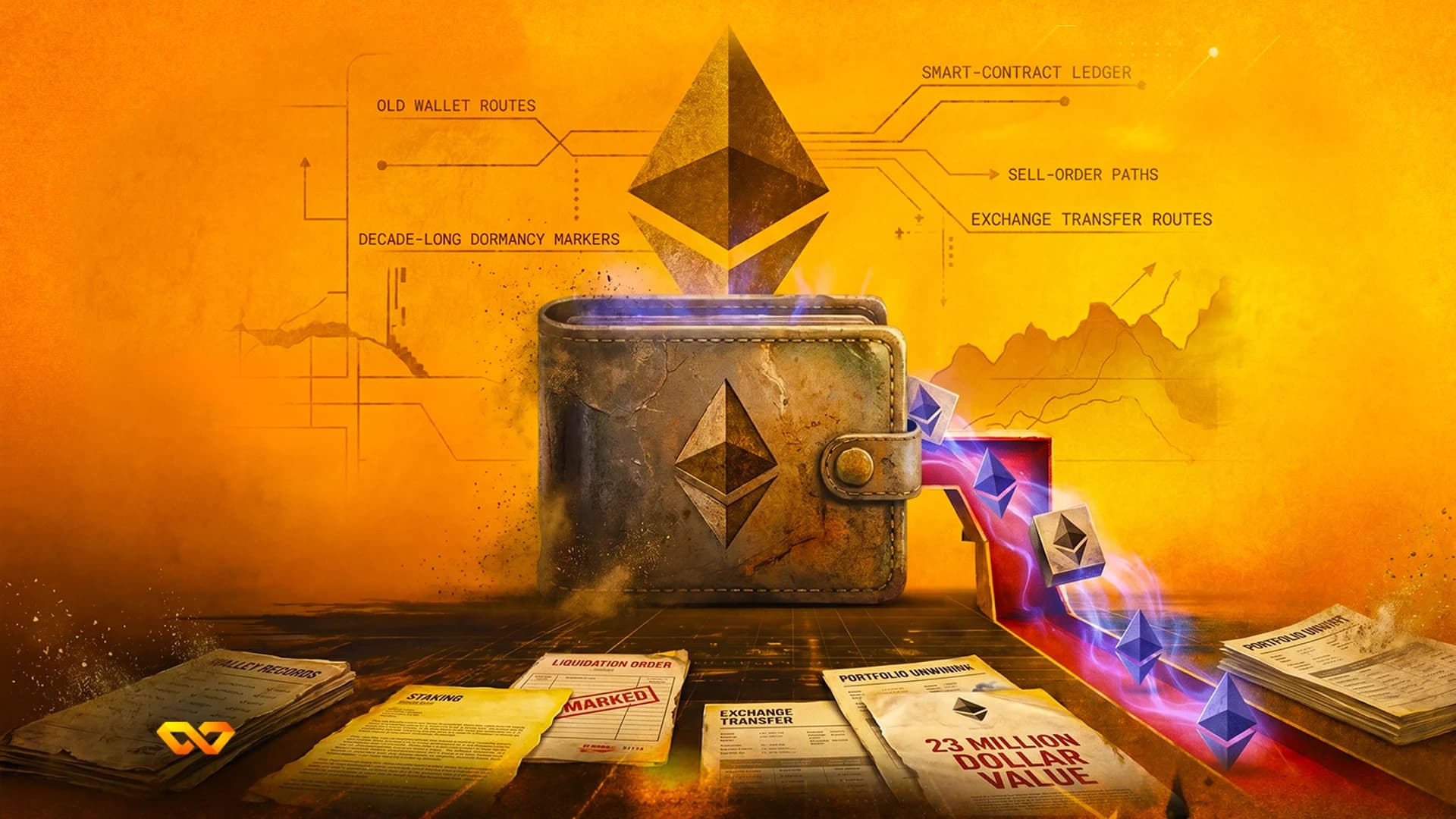 Ethereum logo on a leather wallet with financial documents and data diagrams on a textured orange background.