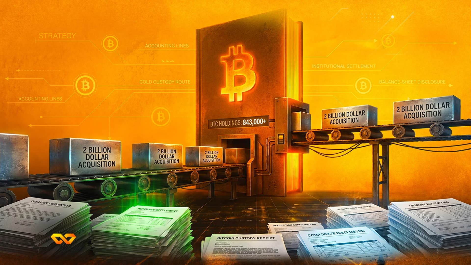 Conveyor belt moving blocks labeled 2 billion dollar acquisition through a large book with a glowing Bitcoin logo.