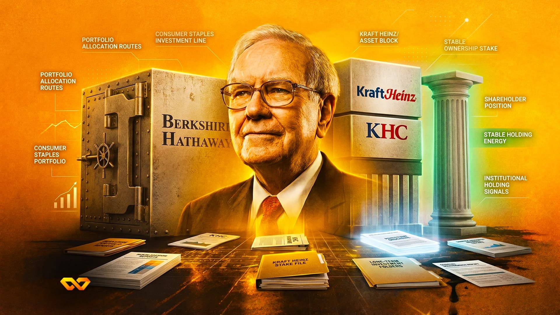 Digital illustration of Warren Buffett with a Berkshire Hathaway vault and Kraft Heinz blocks on an orange background.