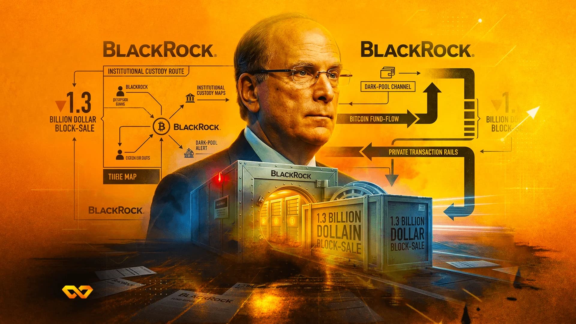 Stylized illustration of Larry Fink with BlackRock logos, Bitcoin symbols, and diagrams of institutional fund flows.