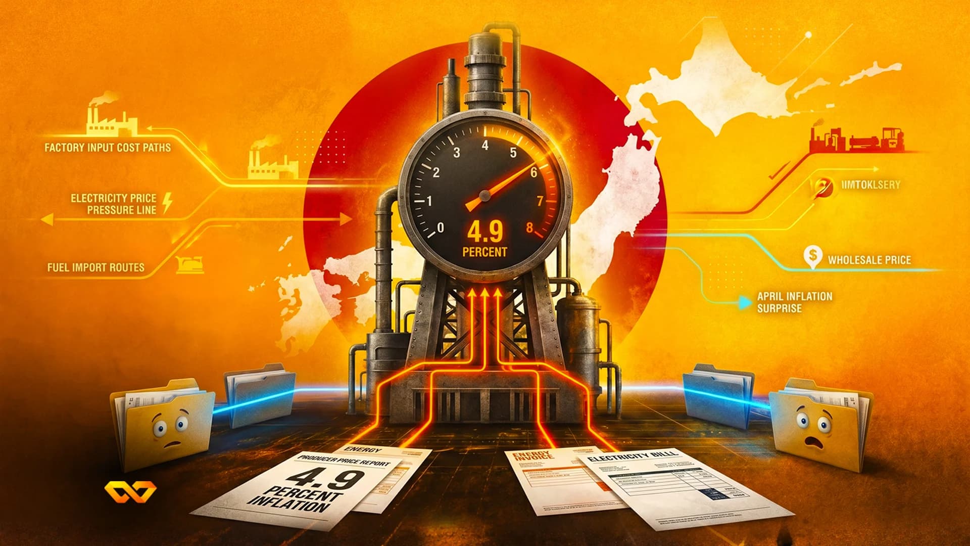 Illustration of a pressure gauge reading 4.9 percent over a map of Japan, with industrial icons and documents.