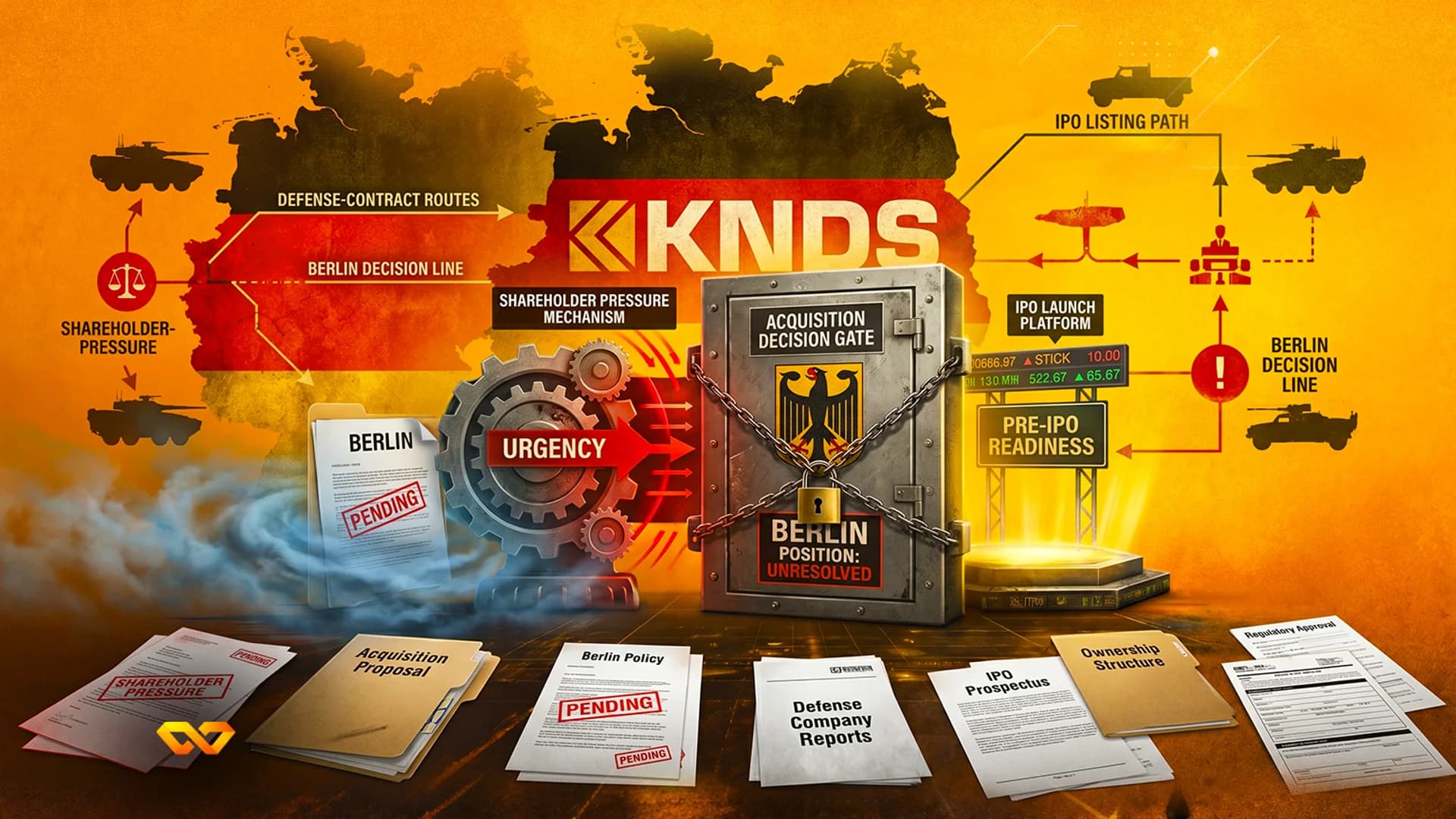 Infographic with KNDS logo, German map, military vehicles, a locked safe, and financial documents on a desk.