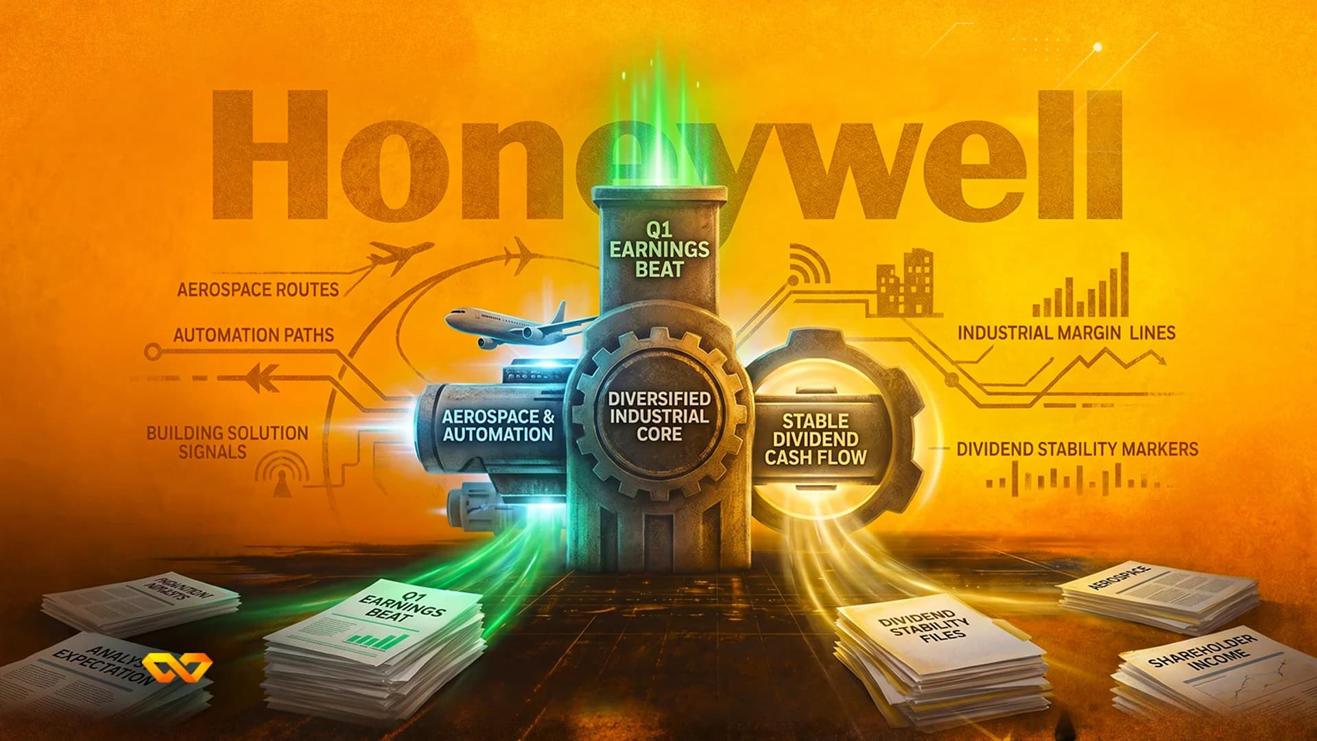 Industrial illustration with Honeywell text, gears, airplane icons, and stacks of financial documents on orange.