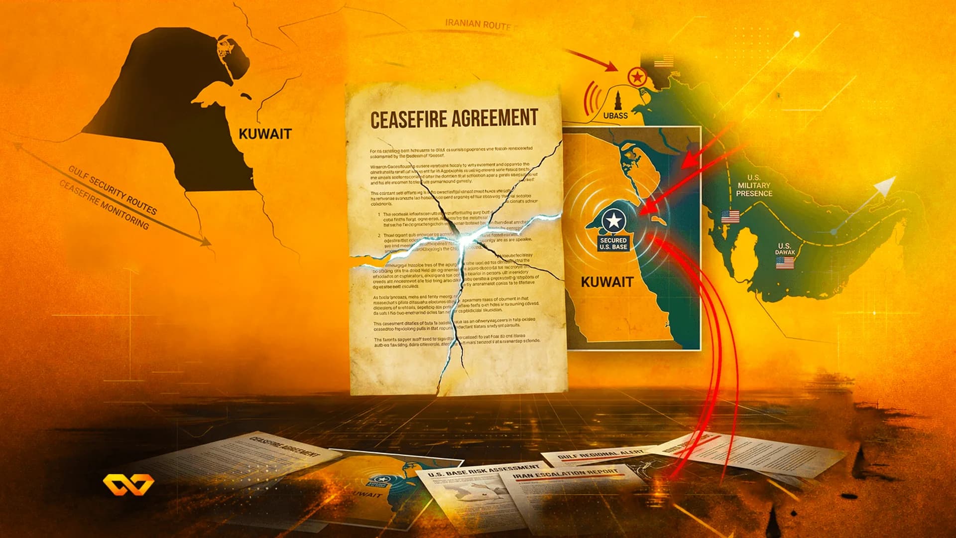 Torn ceasefire agreement document over a map of Kuwait with US military markers and red tactical arrows.
