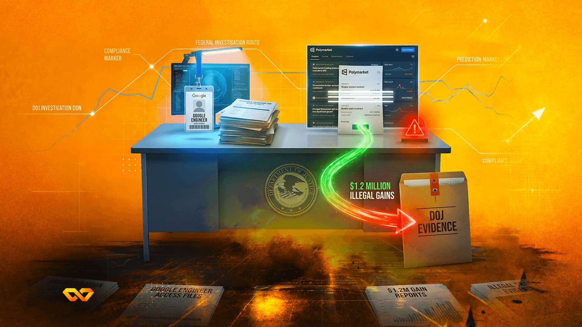 Illustration of a desk with a Google ID badge, DOJ seal, and a folder labeled DOJ EVIDENCE under an orange glow.