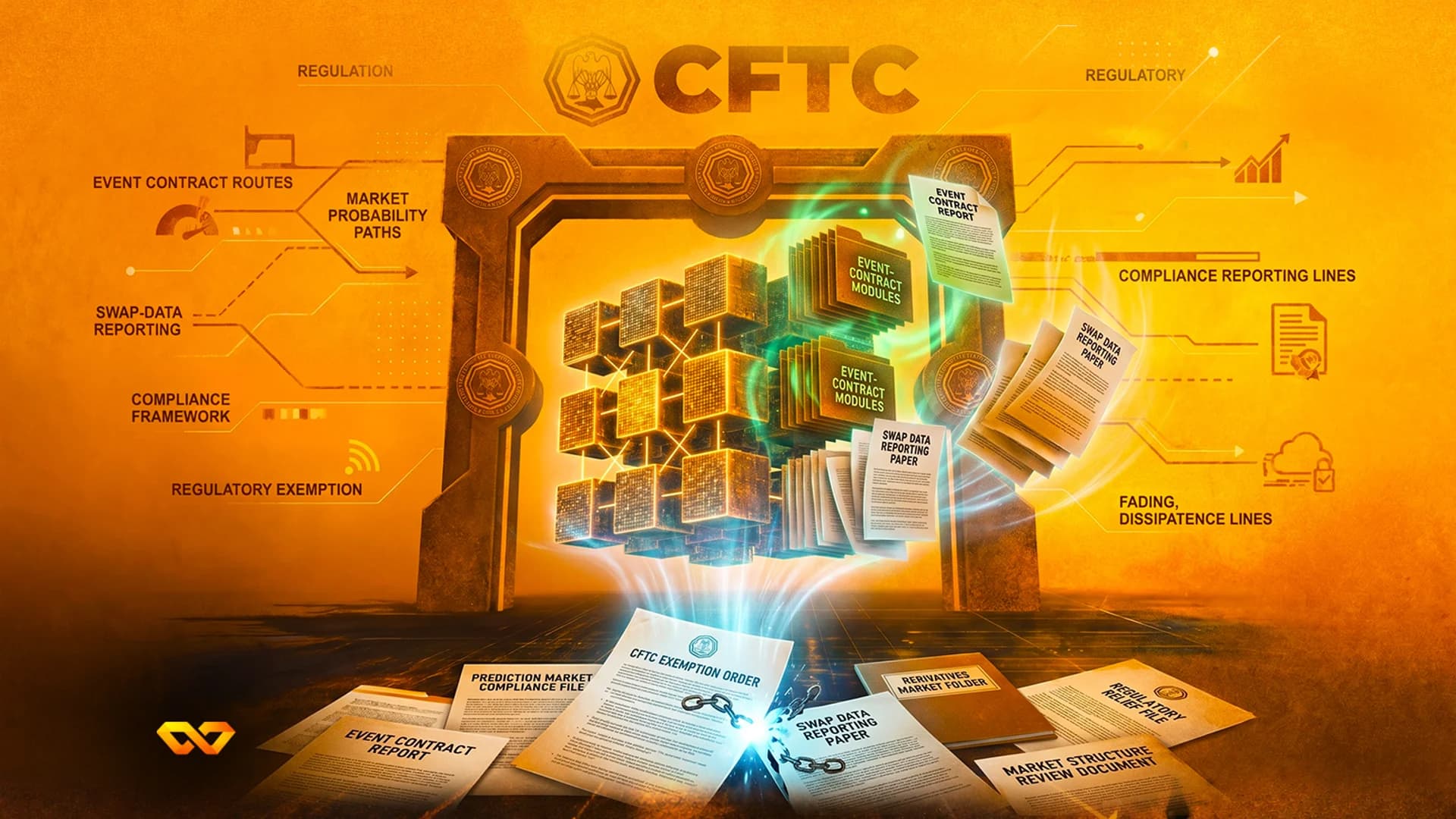 Digital illustration of the CFTC logo above a glowing data cube and scattered regulatory documents in orange tones.
